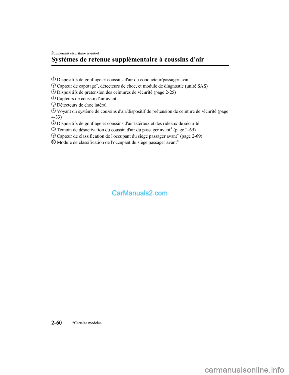 MAZDA MODEL CX-5 2017 Manuel du propriétaire (in French) Dispositifs de gonflage et coussins dair du conducteur/passager avant
Capteur de capotage*, détecteurs de choc, et module de diagnostic (unité SAS)
Dispositifs de prétension des ceintures de s MAZDA MODEL CX-5 2017 Manuel du propriétaire (in French) Dispositifs de gonflage et coussins dair du conducteur/passager avant
Capteur de capotage*, détecteurs de choc, et module de diagnostic (unité SAS)
Dispositifs de prétension des ceintures de s