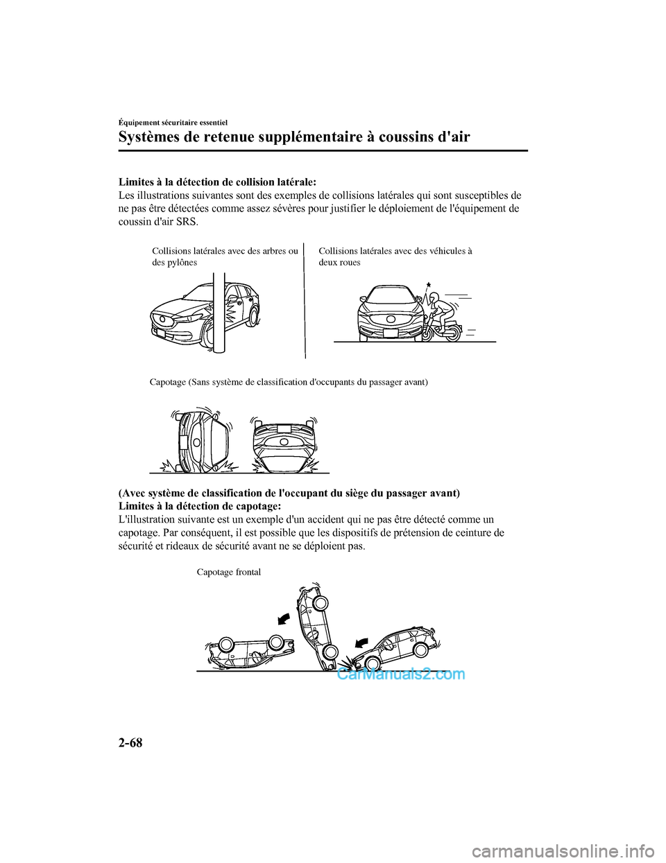 MAZDA MODEL CX-5 2017 Manuel du propriétaire (in French) Limites à la détection de collision latérale:
Les illustrations suivantes sont des exemples de collisions latérales qui sont susceptibles de
ne pas être détectées comme assez sévères pour ju MAZDA MODEL CX-5 2017 Manuel du propriétaire (in French) Limites à la détection de collision latérale:
Les illustrations suivantes sont des exemples de collisions latérales qui sont susceptibles de
ne pas être détectées comme assez sévères pour ju