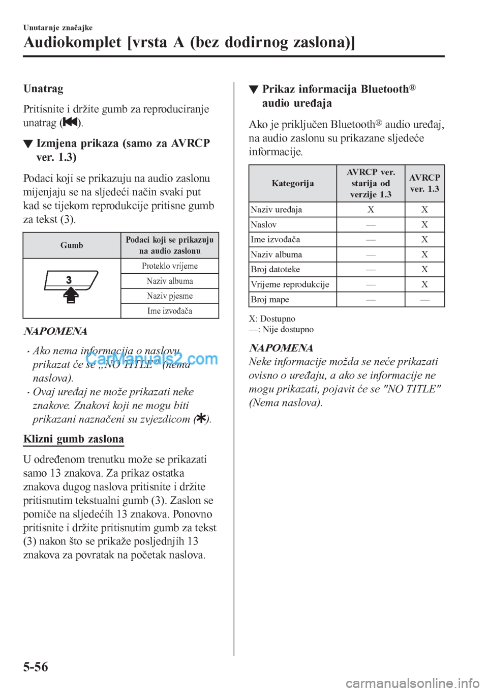 MAZDA MODEL CX-5 2017 Upute za uporabu (in Crotian) Unatrag
Pritisnite i držite gumb za reproduciranje
unatrag (
).
▼Izmjena prikaza (samo za AVRCP
ver. 1.3)
Podaci koji se prikazuju na audio zaslonu
mijenjaju se na sljedeći način svaki put
kad se MAZDA MODEL CX-5 2017 Upute za uporabu (in Crotian) Unatrag
Pritisnite i držite gumb za reproduciranje
unatrag (
).
▼Izmjena prikaza (samo za AVRCP
ver. 1.3)
Podaci koji se prikazuju na audio zaslonu
mijenjaju se na sljedeći način svaki put
kad se