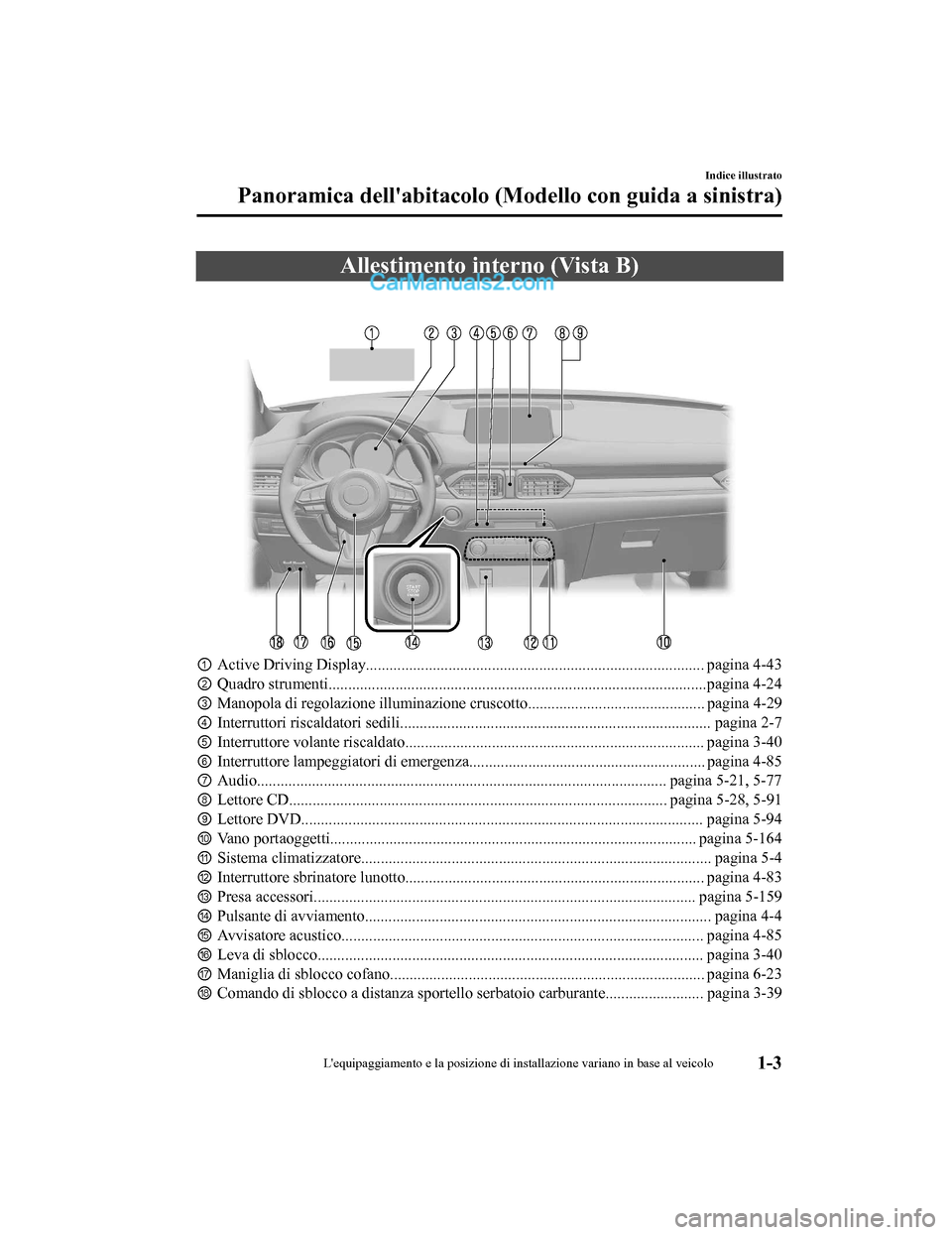 MAZDA MODEL CX-5 2017 Manuale del proprietario (in Italian) Allestimento interno (Vista B)
①Active Driving Display...................................................................................... pagina 4-43
② Quadro strumenti......................... MAZDA MODEL CX-5 2017 Manuale del proprietario (in Italian) Allestimento interno (Vista B)
①Active Driving Display...................................................................................... pagina 4-43
② Quadro strumenti.........................