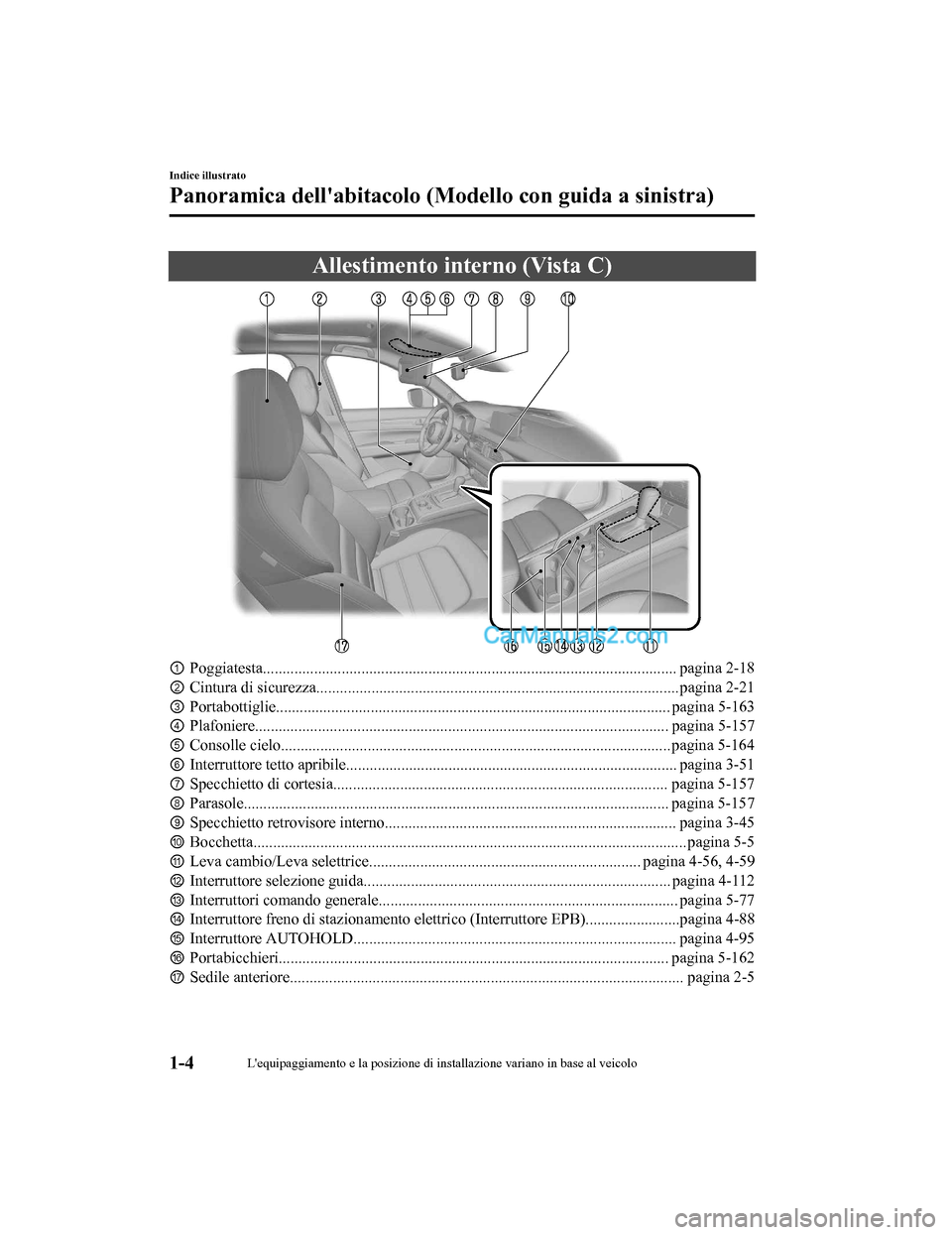 MAZDA MODEL CX-5 2017 Manuale del proprietario (in Italian) Allestimento interno (Vista C)
①Poggiatesta............................................................. ............................................ pagina 2-18
② Cintura di sicurezza ........... MAZDA MODEL CX-5 2017 Manuale del proprietario (in Italian) Allestimento interno (Vista C)
①Poggiatesta............................................................. ............................................ pagina 2-18
② Cintura di sicurezza ...........