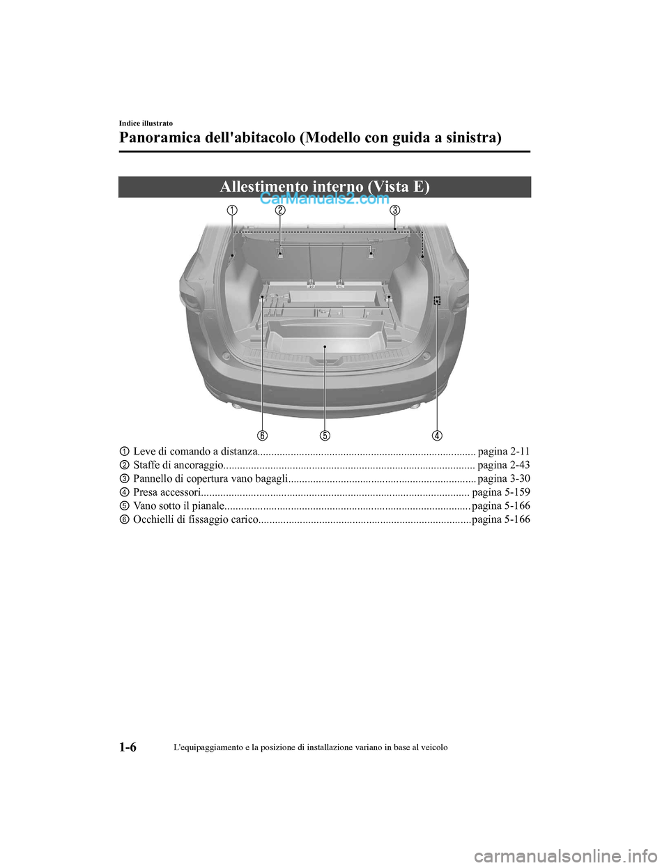 MAZDA MODEL CX-5 2017 Manuale del proprietario (in Italian) Allestimento interno (Vista E)
①Leve di comando a distanza............................................................................... pagina 2-11
② Staffe di ancoraggio........................ MAZDA MODEL CX-5 2017 Manuale del proprietario (in Italian) Allestimento interno (Vista E)
①Leve di comando a distanza............................................................................... pagina 2-11
② Staffe di ancoraggio........................