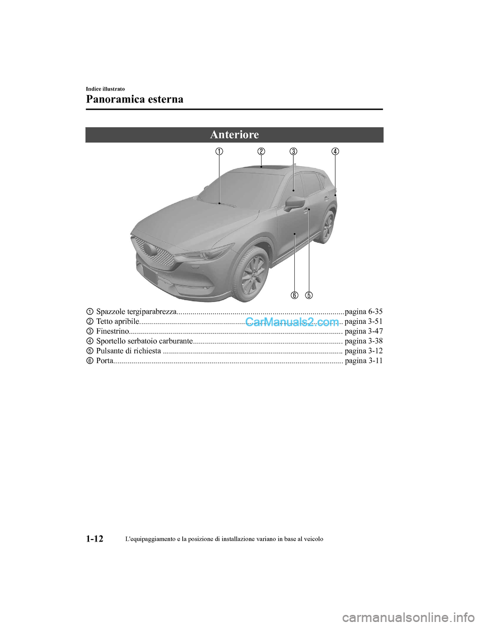 MAZDA MODEL CX-5 2017 Manuale del proprietario (in Italian) Anteriore
â‘ Spazzole tergiparabrezza...... ........................................................................ ......pagina 6-35
â‘¡ Tetto apribile............................................... MAZDA MODEL CX-5 2017 Manuale del proprietario (in Italian) Anteriore
â‘ Spazzole tergiparabrezza...... ........................................................................ ......pagina 6-35
â‘¡ Tetto apribile...............................................