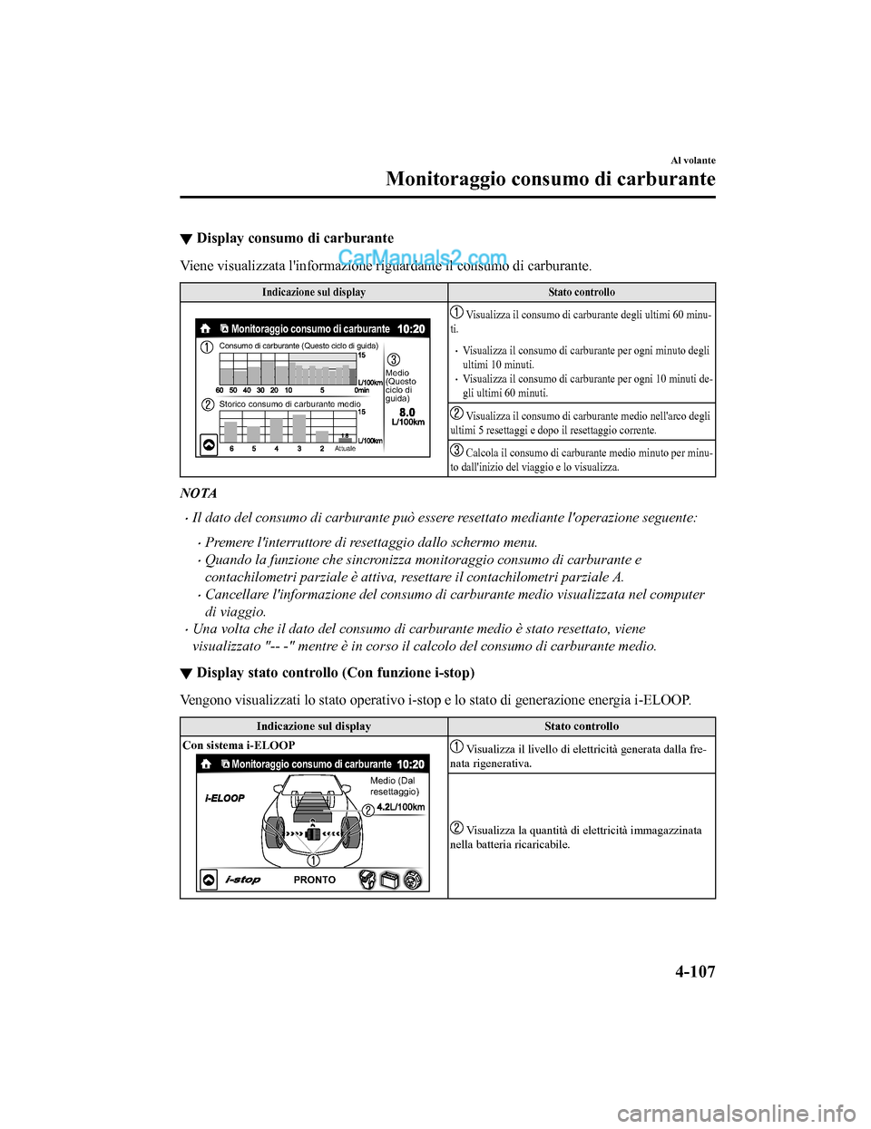 MAZDA MODEL CX-5 2017  Manuale del proprietario (in Italian) ▼Display consumo di carburante
Viene visualizzata linformazione riguardante il consumo di carburante.
Indicazione sul display
Stato controllo
Monitoraggio consumo di carburante
Consumo di carburant