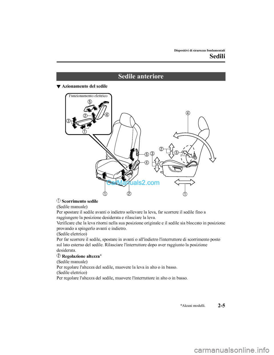 MAZDA MODEL CX-5 2017 Manuale del proprietario (in Italian) Sedile anteriore
â–¼Azionamento del sedile
Funzionamento elettrico
Scorrimento sedile
(Sedile manuale)
Per spostare il sedile avanti o indietro sollevare la leva, far scorrere il sedile fino a
raggiu MAZDA MODEL CX-5 2017 Manuale del proprietario (in Italian) Sedile anteriore
â–¼Azionamento del sedile
Funzionamento elettrico
Scorrimento sedile
(Sedile manuale)
Per spostare il sedile avanti o indietro sollevare la leva, far scorrere il sedile fino a
raggiu