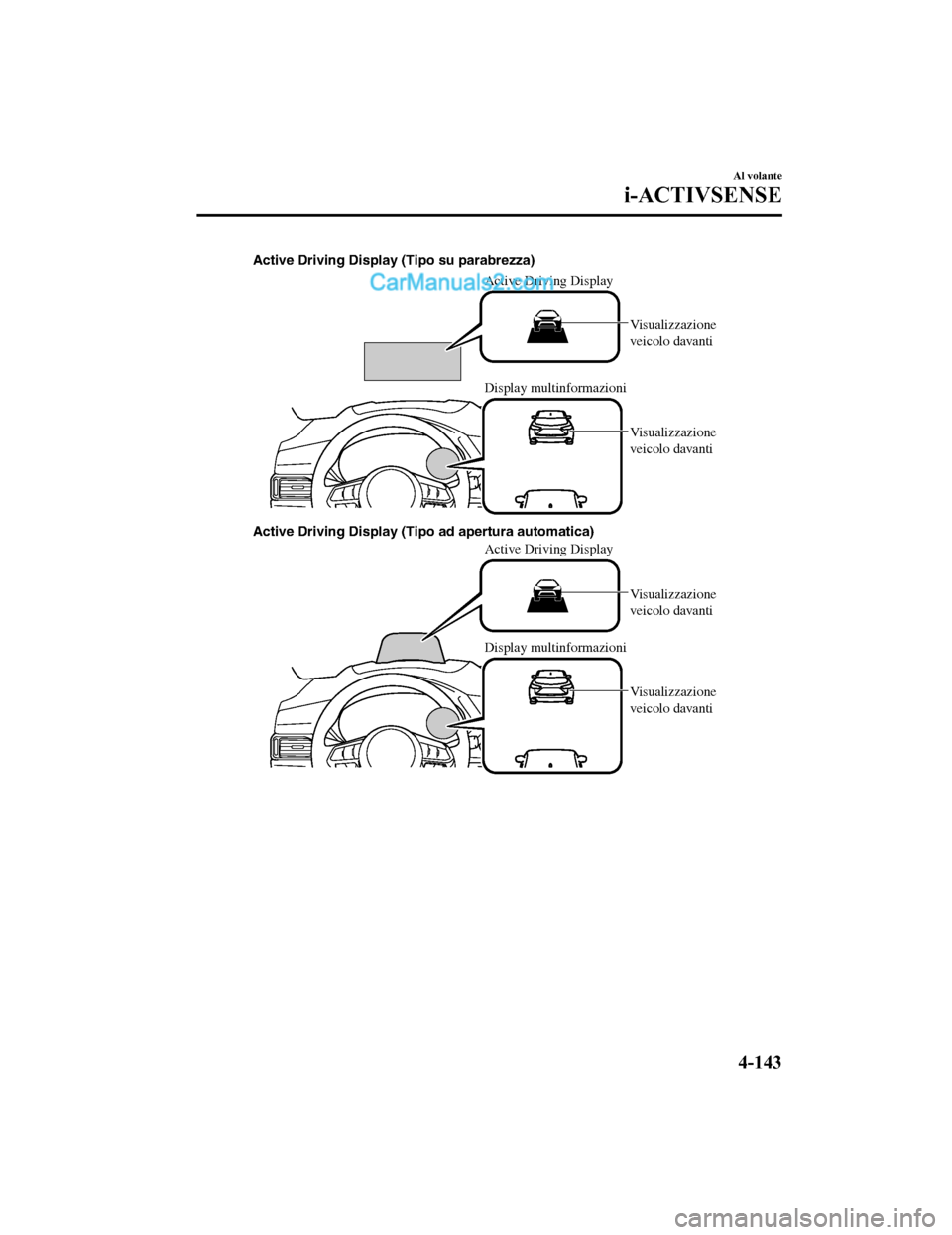 MAZDA MODEL CX-5 2017 Manuale del proprietario (in Italian) Display multinformazioni Active Driving Display
Active Driving Display
Active Driving Display (Tipo su parabrezza)
Active Driving Display (Tipo ad apertura automatica)
Visualizzazione
v
eicolo davant MAZDA MODEL CX-5 2017 Manuale del proprietario (in Italian) Display multinformazioni Active Driving Display
Active Driving Display
Active Driving Display (Tipo su parabrezza)
Active Driving Display (Tipo ad apertura automatica)
Visualizzazione
v
eicolo davant