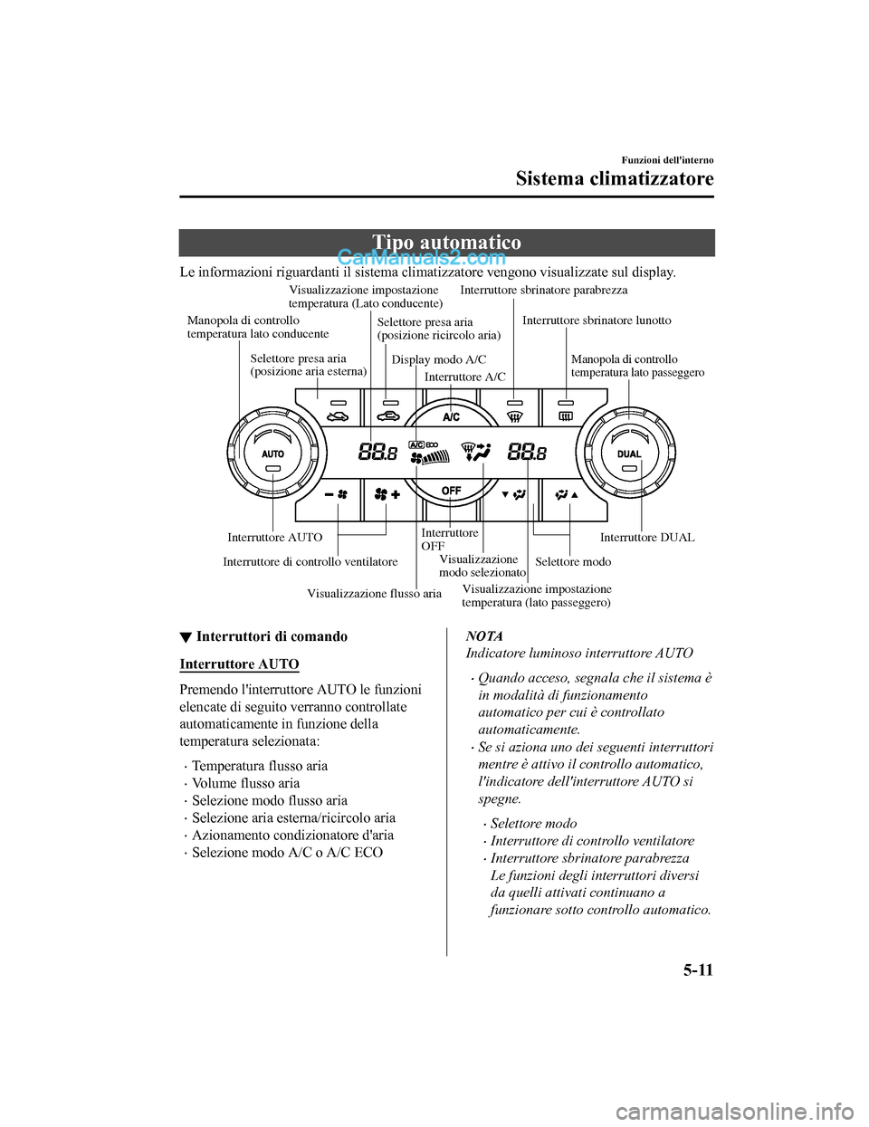 MAZDA MODEL CX-5 2017 Manuale del proprietario (in Italian) Tipo automatico
Le informazioni riguardanti il sistema climatizzatore vengono visualizzate sul display.
Visualizzazione flusso aria
Visualizzazione impostazione
temperatura (Lato conducente)
Visualiz MAZDA MODEL CX-5 2017 Manuale del proprietario (in Italian) Tipo automatico
Le informazioni riguardanti il sistema climatizzatore vengono visualizzate sul display.
Visualizzazione flusso aria
Visualizzazione impostazione
temperatura (Lato conducente)
Visualiz