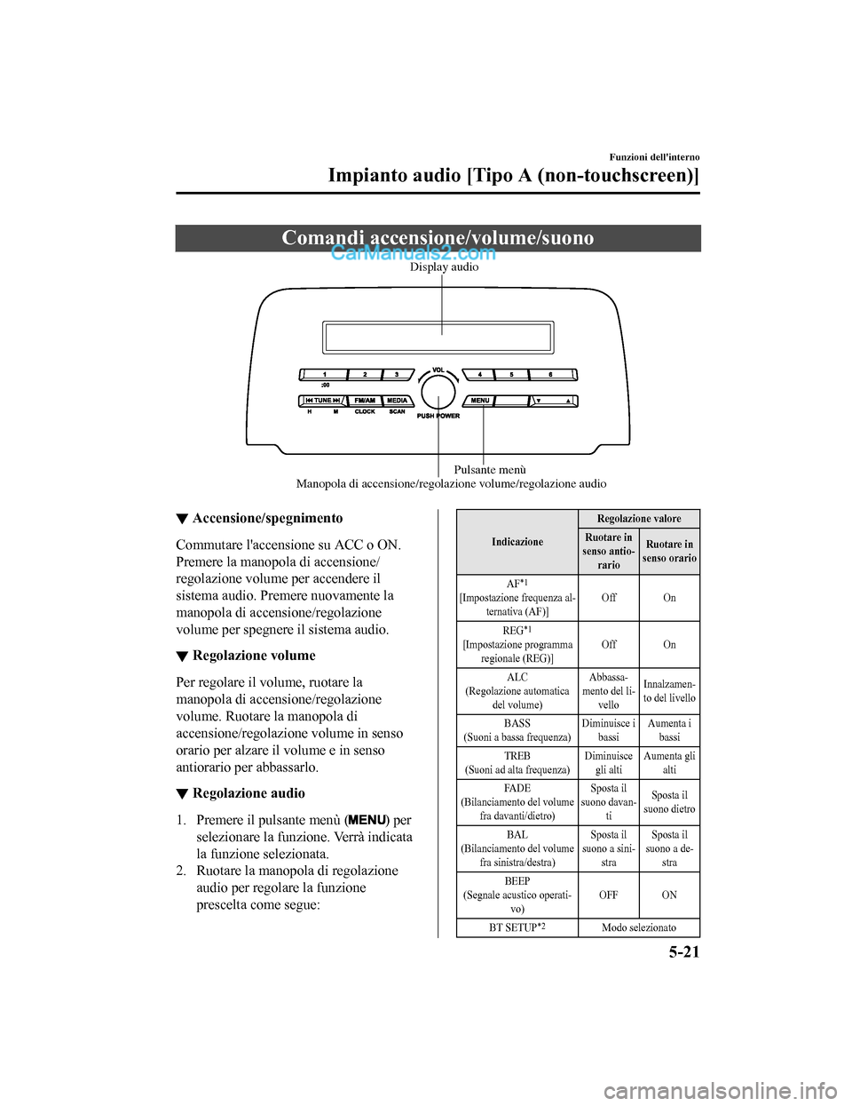 MAZDA MODEL CX-5 2017 Manuale del proprietario (in Italian) Comandi accensione/volume/suono
Manopola di accensione/regolazione volume/regolazione audio
Pulsante menù
Display audio
▼
Accensione/spegnimento
Commutare laccensione su ACC o ON.
Premere la manop MAZDA MODEL CX-5 2017 Manuale del proprietario (in Italian) Comandi accensione/volume/suono
Manopola di accensione/regolazione volume/regolazione audio
Pulsante menù
Display audio
▼
Accensione/spegnimento
Commutare laccensione su ACC o ON.
Premere la manop