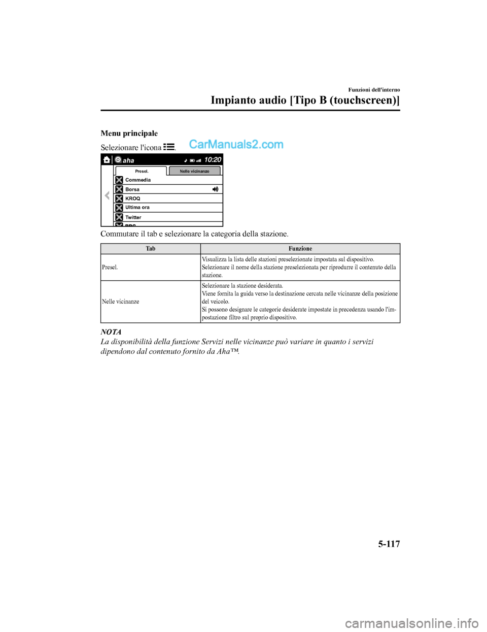 MAZDA MODEL CX-5 2017 Manuale del proprietario (in Italian) Menu principale
Selezionare licona
.
Commedia
Borsa
KROQ
Ultima ora
Twitter
Presel.Nelle vicinanze
aha
Commutare il tab e selezionare la categoria della stazione.
Ta b F u n z i o n e
Presel. Visua MAZDA MODEL CX-5 2017 Manuale del proprietario (in Italian) Menu principale
Selezionare licona
.
Commedia
Borsa
KROQ
Ultima ora
Twitter
Presel.Nelle vicinanze
aha
Commutare il tab e selezionare la categoria della stazione.
Ta b F u n z i o n e
Presel. Visua