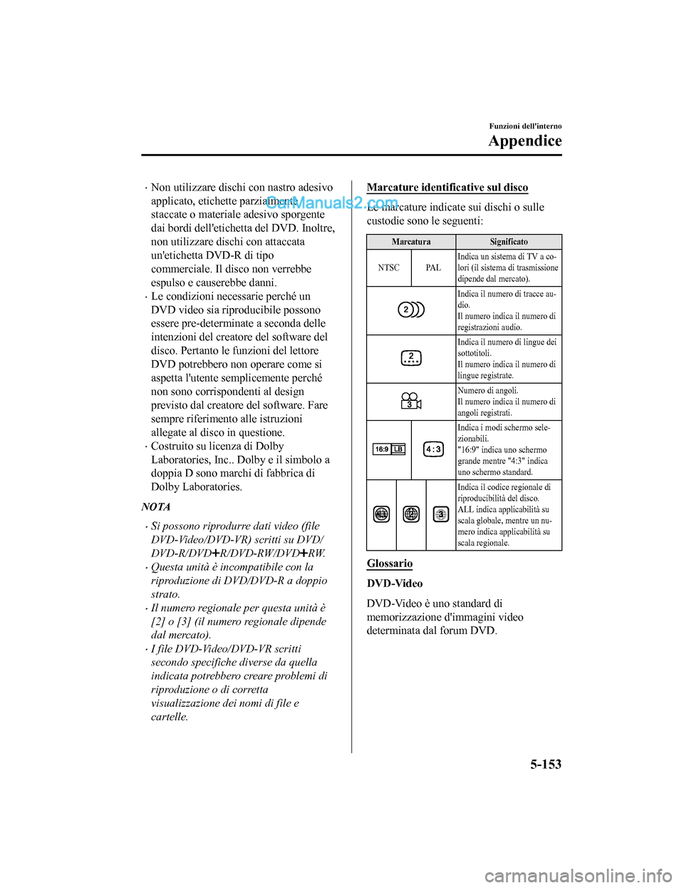 MAZDA MODEL CX-5 2017 Manuale del proprietario (in Italian) •Non utilizzare dischi con nastro adesivo
applicato, etichette parzialmente
staccate o materiale adesivo sporgente
dai bordi delletichetta del DVD. Inoltre,
non utilizzare dischi con attaccata
une MAZDA MODEL CX-5 2017 Manuale del proprietario (in Italian) •Non utilizzare dischi con nastro adesivo
applicato, etichette parzialmente
staccate o materiale adesivo sporgente
dai bordi delletichetta del DVD. Inoltre,
non utilizzare dischi con attaccata
une