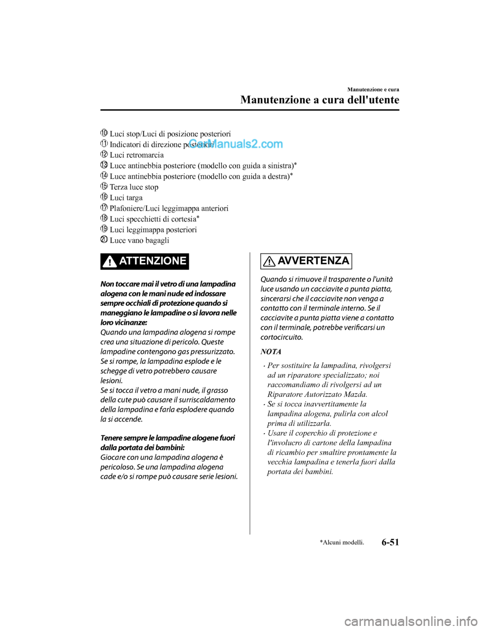 MAZDA MODEL CX-5 2017 Manuale del proprietario (in Italian) Luci stop/Luci di posizione posteriori
Indicatori di direzione posteriori
Luci retromarcia
Luce antinebbia posteriore (modello con guida a sinistra)*
Luce antinebbia posteriore (modello con guida MAZDA MODEL CX-5 2017 Manuale del proprietario (in Italian) Luci stop/Luci di posizione posteriori
Indicatori di direzione posteriori
Luci retromarcia
Luce antinebbia posteriore (modello con guida a sinistra)*
Luce antinebbia posteriore (modello con guida