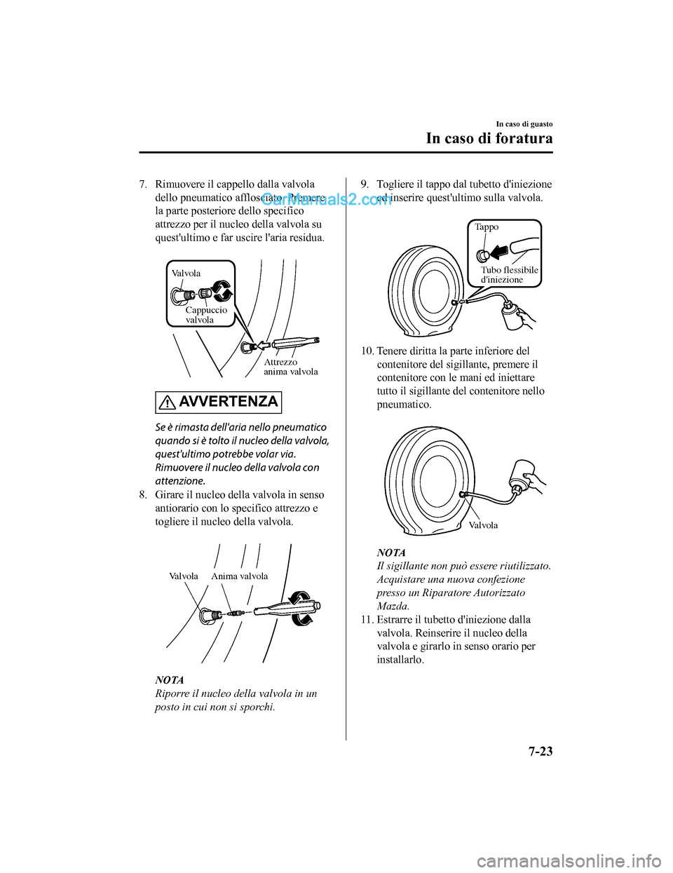 MAZDA MODEL CX-5 2017 Manuale del proprietario (in Italian) 7. Rimuovere il cappello dalla valvoladello pneumatico afflosciato. Premere
la parte posteriore dello specifico
attrezzo per il nucleo della valvola su
questultimo e far uscire laria residua.
Valv MAZDA MODEL CX-5 2017 Manuale del proprietario (in Italian) 7. Rimuovere il cappello dalla valvoladello pneumatico afflosciato. Premere
la parte posteriore dello specifico
attrezzo per il nucleo della valvola su
questultimo e far uscire laria residua.
Valv