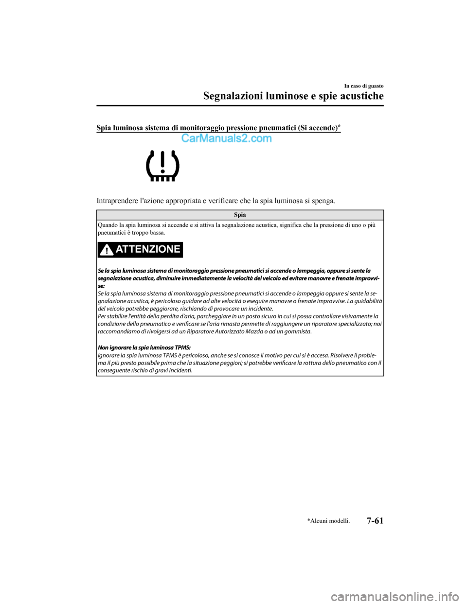 MAZDA MODEL CX-5 2017 Manuale del proprietario (in Italian) Spia luminosa sistema di monitoraggio pressione pneumatici (Si accende)*
Intraprendere lazione appropriata e verificare che la spia luminosa si spenga.
Spia
Quando la spia luminosa si accende e si a MAZDA MODEL CX-5 2017 Manuale del proprietario (in Italian) Spia luminosa sistema di monitoraggio pressione pneumatici (Si accende)*
Intraprendere lazione appropriata e verificare che la spia luminosa si spenga.
Spia
Quando la spia luminosa si accende e si a