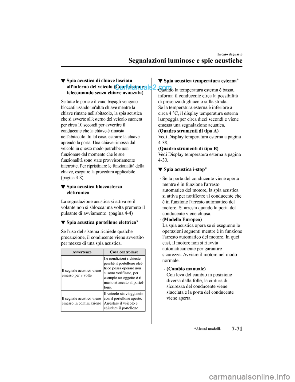 MAZDA MODEL CX-5 2017 Manuale del proprietario (in Italian) ▼Spia acustica di chiave lasciata
allinterno del veicolo (Con funzione
telecomando senza chiave avanzata)
Se tutte le porte e il vano bagagli vengono
bloccati usando unaltra chiave mentre la
chiav MAZDA MODEL CX-5 2017 Manuale del proprietario (in Italian) ▼Spia acustica di chiave lasciata
allinterno del veicolo (Con funzione
telecomando senza chiave avanzata)
Se tutte le porte e il vano bagagli vengono
bloccati usando unaltra chiave mentre la
chiav