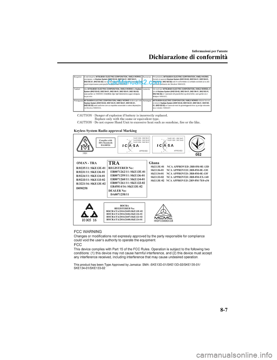 MAZDA MODEL CX-5 2017  Manuale del proprietario (in Italian) Informazioni per lutente
Dichiarazione di conformità
8-7
2017-7-17 13:21:27Form No. CX-5 8FY4-EE-17E-IT+L_Edition1.pdf  