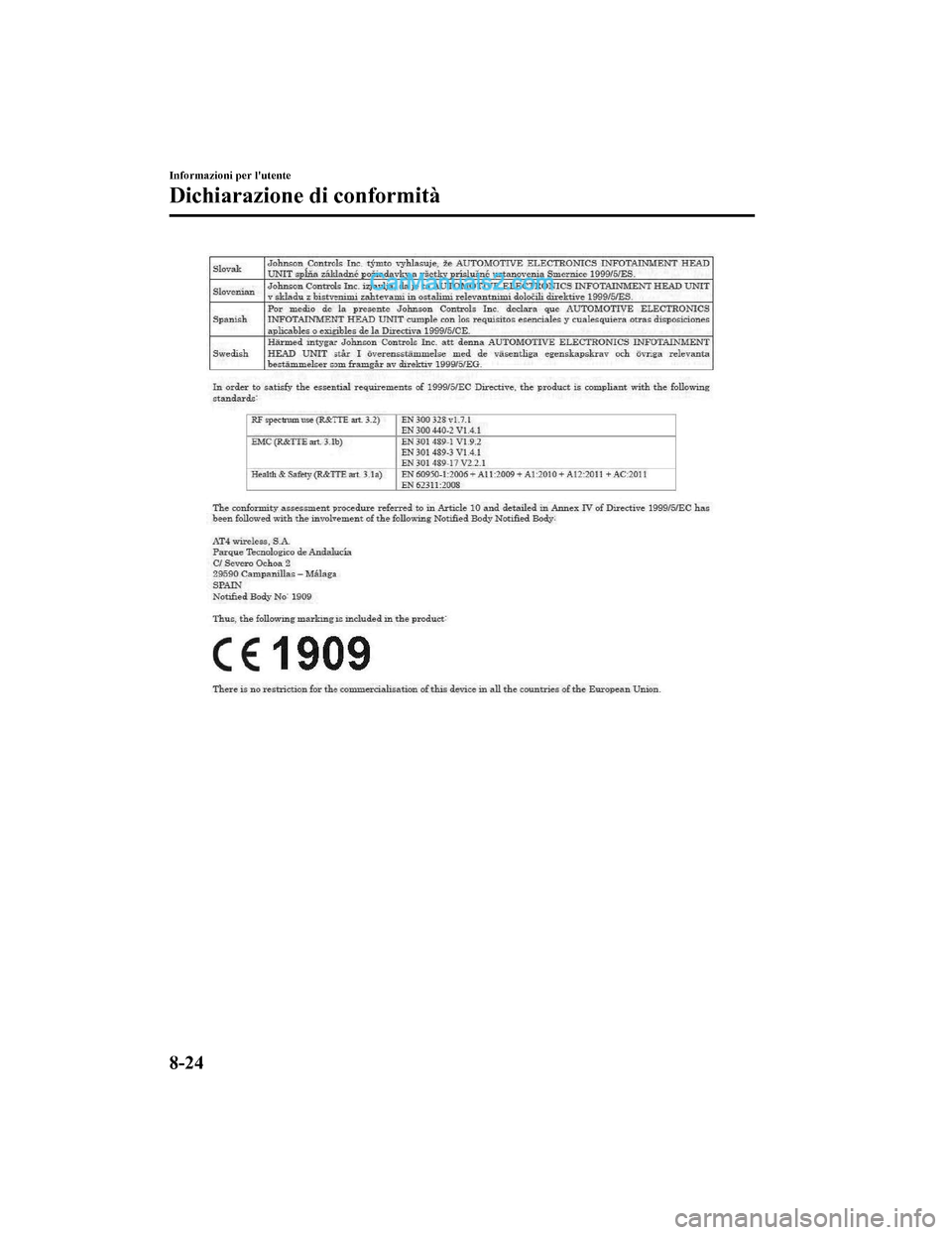 MAZDA MODEL CX-5 2017 Manuale del proprietario (in Italian) Informazioni per lutente
Dichiarazione di conformità
8-24
2017-7-17 13:21:27Form No. CX-5 8FY4-EE-17E-IT+L_Edition1.pdf MAZDA MODEL CX-5 2017 Manuale del proprietario (in Italian) Informazioni per lutente
Dichiarazione di conformità
8-24
2017-7-17 13:21:27Form No. CX-5 8FY4-EE-17E-IT+L_Edition1.pdf
