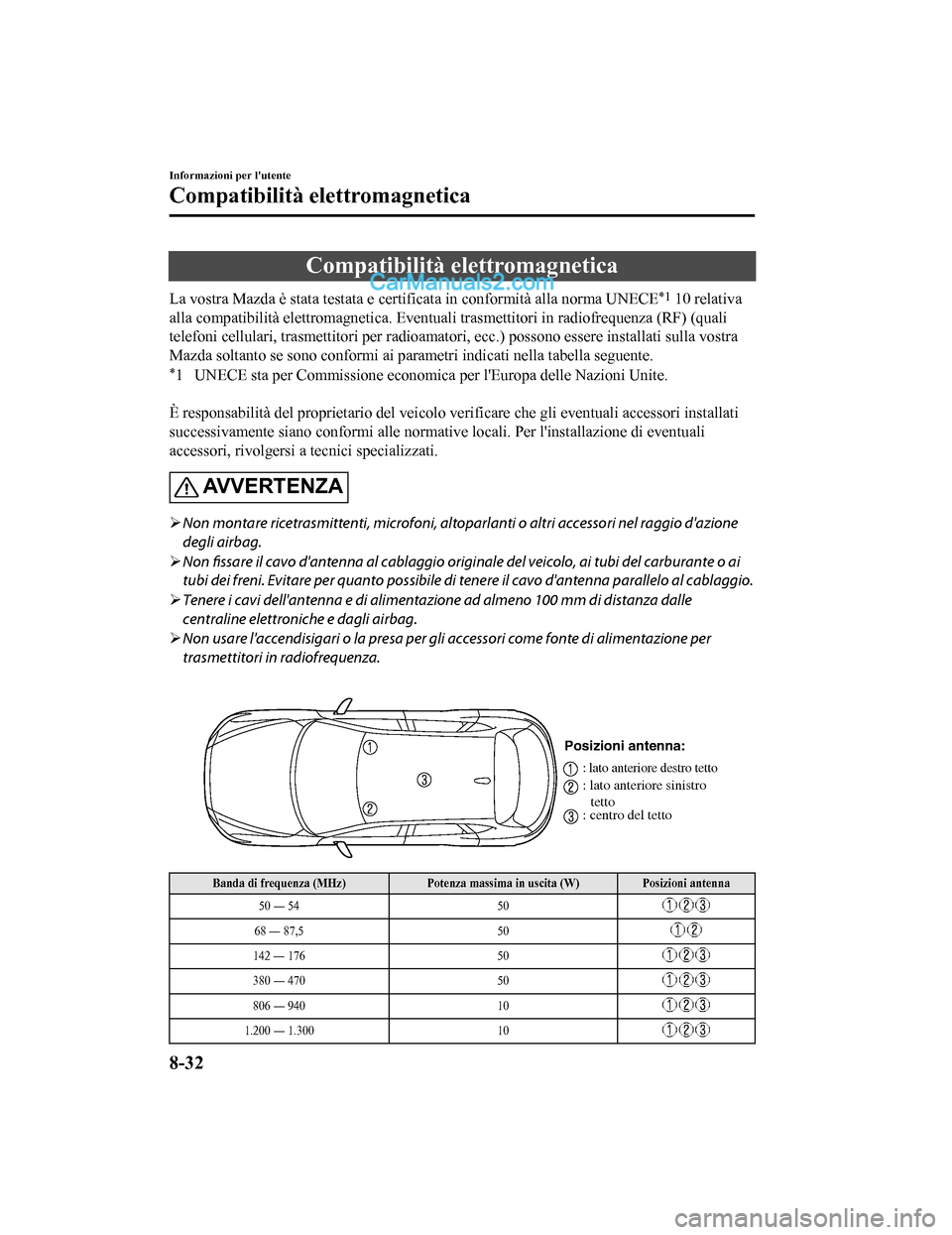 MAZDA MODEL CX-5 2017 Manuale del proprietario (in Italian) Compatibilità elettromagnetica
La vostra Mazda è stata testata e certificata in conformità alla norma UNECE*1 10 relativa
alla compatibilità elettromagneti ca. Eventuali trasmettitori in radiofreq MAZDA MODEL CX-5 2017 Manuale del proprietario (in Italian) Compatibilità elettromagnetica
La vostra Mazda è stata testata e certificata in conformità alla norma UNECE*1 10 relativa
alla compatibilità elettromagneti ca. Eventuali trasmettitori in radiofreq