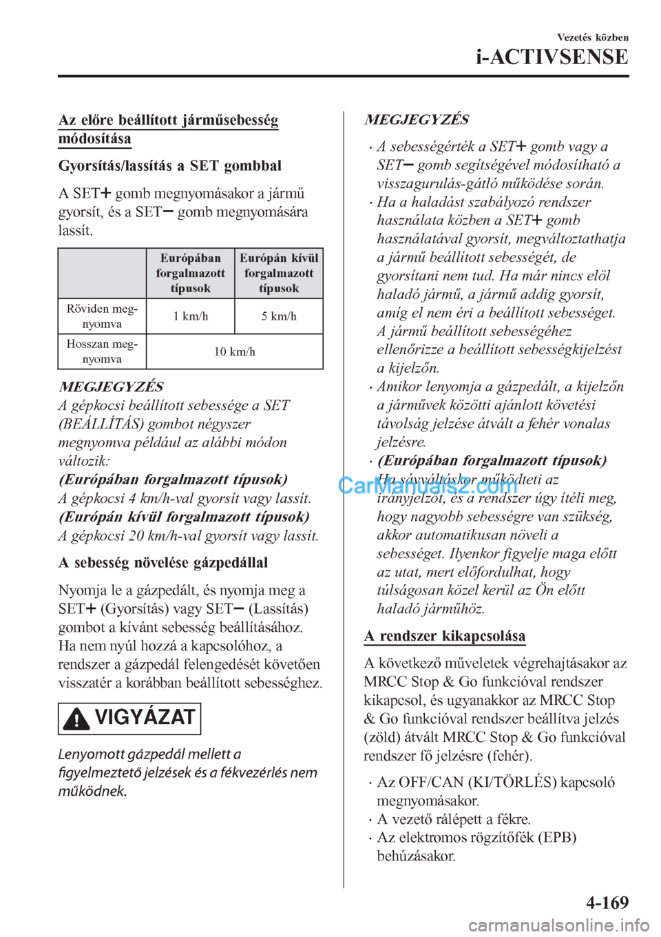 MAZDA MODEL CX-5 2017 Kezelési útmutató (in Hungarian) Az előre beállított járműsebesség
módosítása
Gyorsítás/lassítás a SET gombbal
A SET
gomb megnyomásakor a jármű
gyorsít, és a SET
gomb megnyomására
lassít.
Európában
forgalmazo MAZDA MODEL CX-5 2017 Kezelési útmutató (in Hungarian) Az előre beállított járműsebesség
módosítása
Gyorsítás/lassítás a SET gombbal
A SET
gomb megnyomásakor a jármű
gyorsít, és a SET
gomb megnyomására
lassít.
Európában
forgalmazo