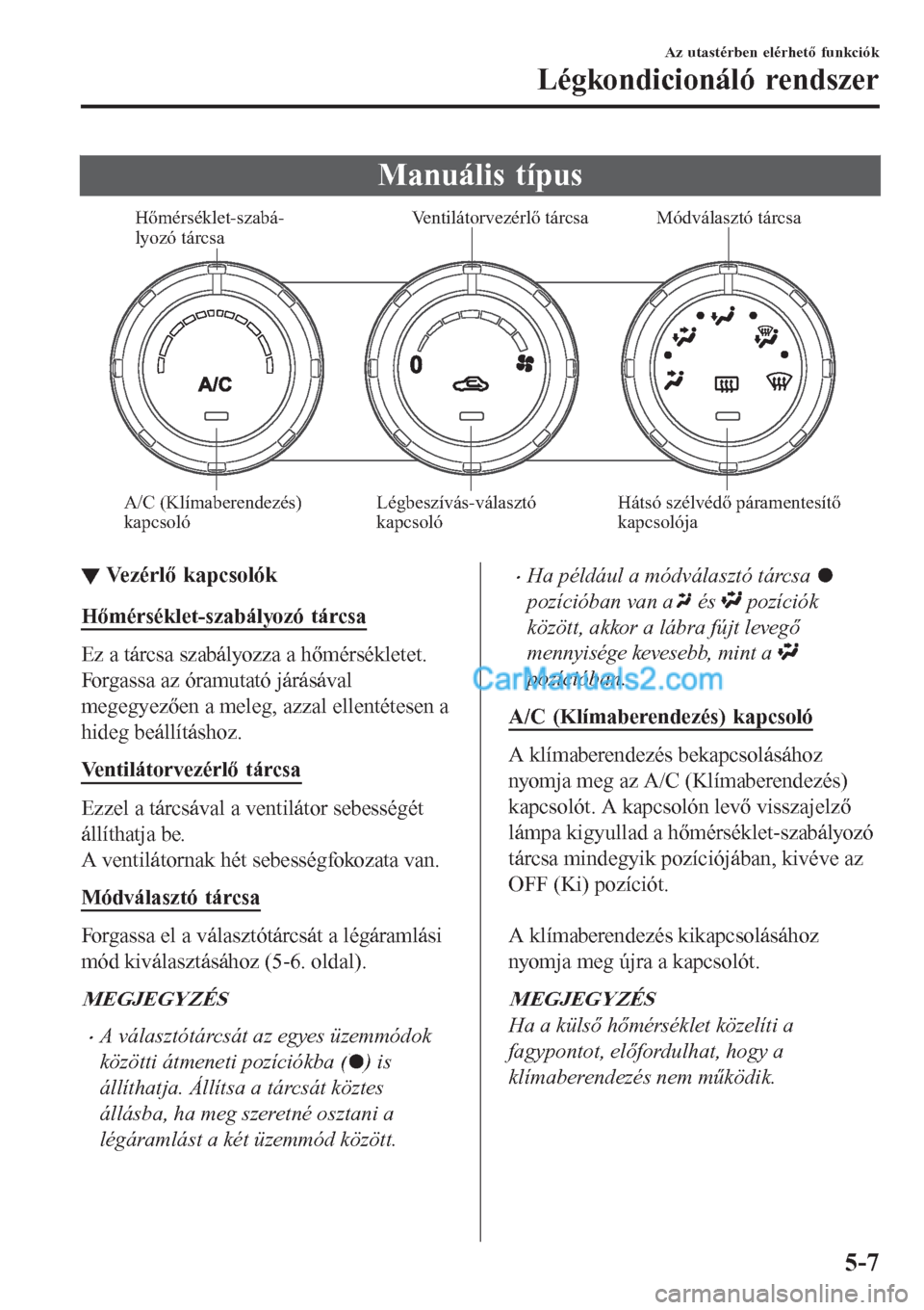 MAZDA MODEL CX-5 2017  Kezelési útmutató (in Hungarian) Manuális típus
Hőmérséklet-szabá-
lyozó tárcsa Ventilátorvezérlő tárcsa
Módválasztó tárcsa
A/C (Klímaberendezés) 
kapcsolóLégbeszívás-választó 
kapcsolóHátsó szélvédő pá