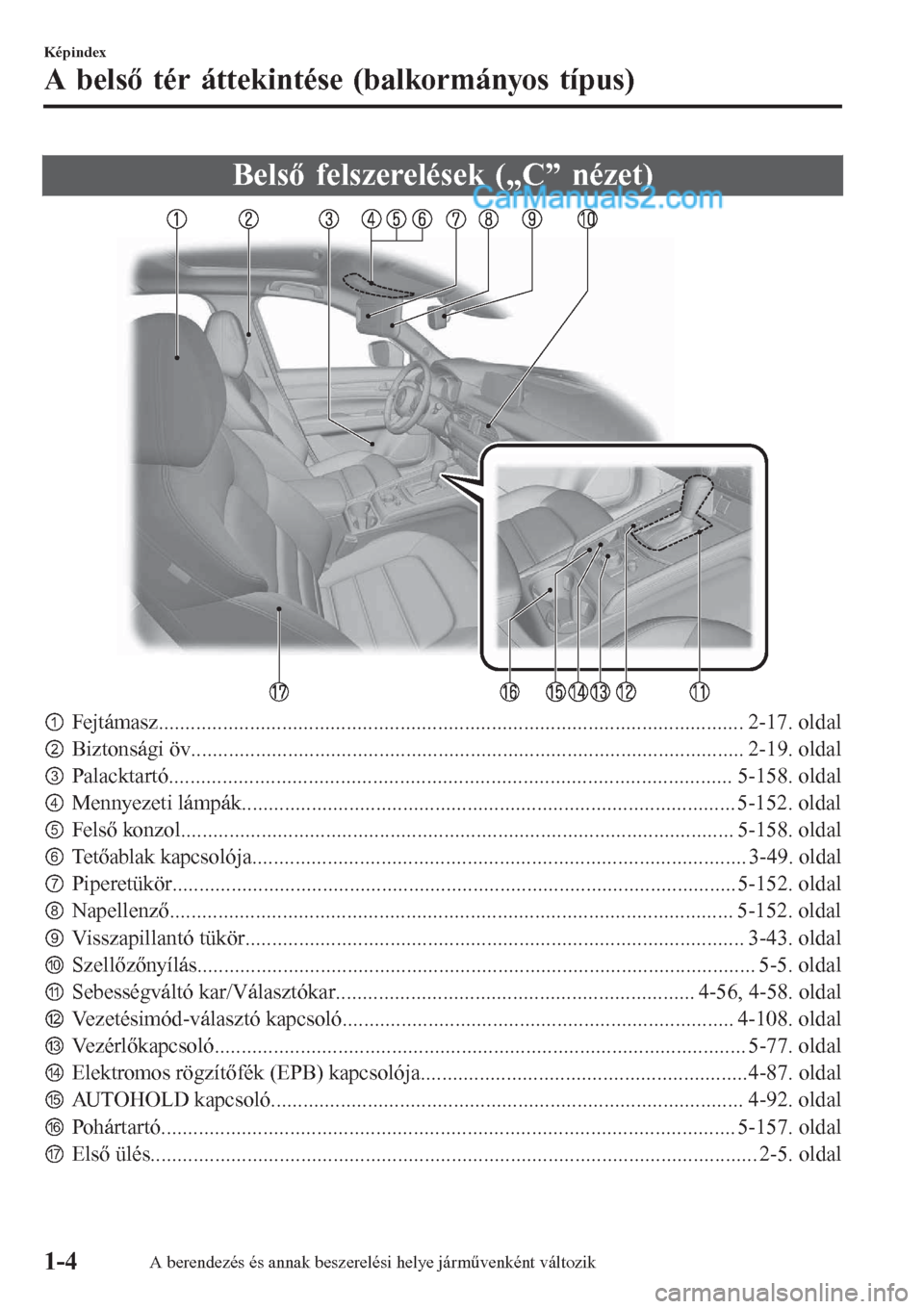 MAZDA MODEL CX-5 2017  Kezelési útmutató (in Hungarian) Belső felszerelések („C” nézet)
pFejtámasz............................................................................................................. 2-17. oldal
qBiztonsági öv..........