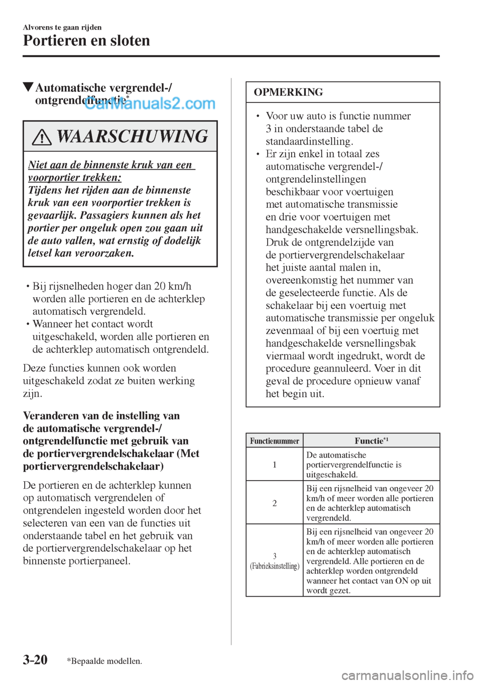 MAZDA MODEL CX-5 2017  Handleiding (in Dutch) 3–20
Alvorens te gaan rijden
Portieren en sloten
*Bepaalde modellen.
          Automatische  vergrendel-/
ontgrendelfunctie * 
 WAARSCHUWING
 Niet aan de binnenste kruk van een 
voorportier trekken:
