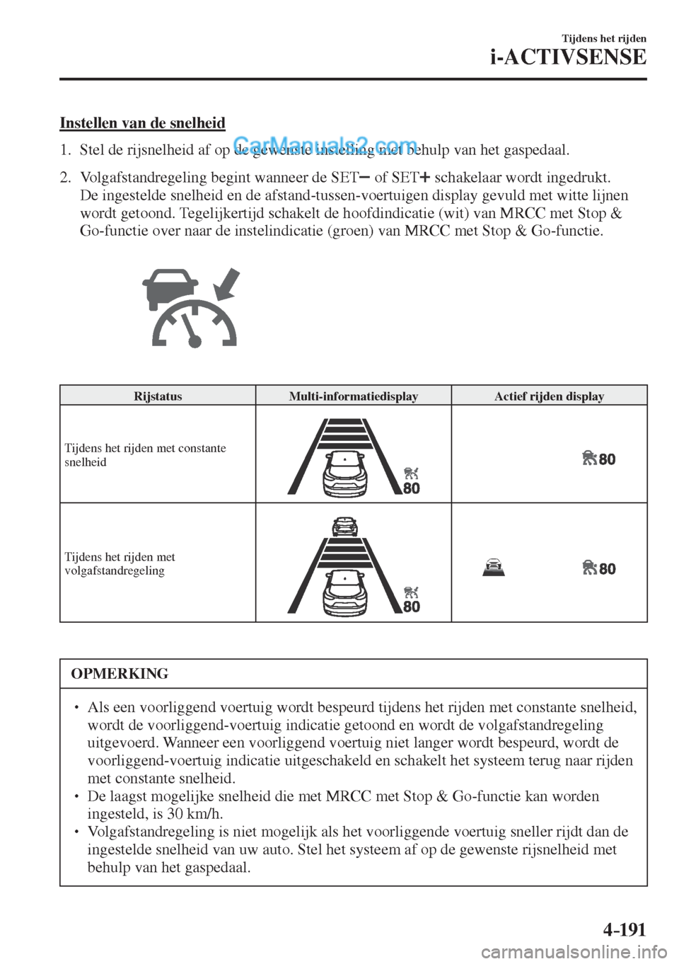 MAZDA MODEL CX-5 2017  Handleiding (in Dutch) 4–191
Tijdens het rijden
i-ACTIVSENSE
  Instellen van de snelheid
     1.   Stel de rijsnelheid af op de gewenste instelling met behulp van het gaspedaal.
   2.   Volgafstandregeling  begint  wannee