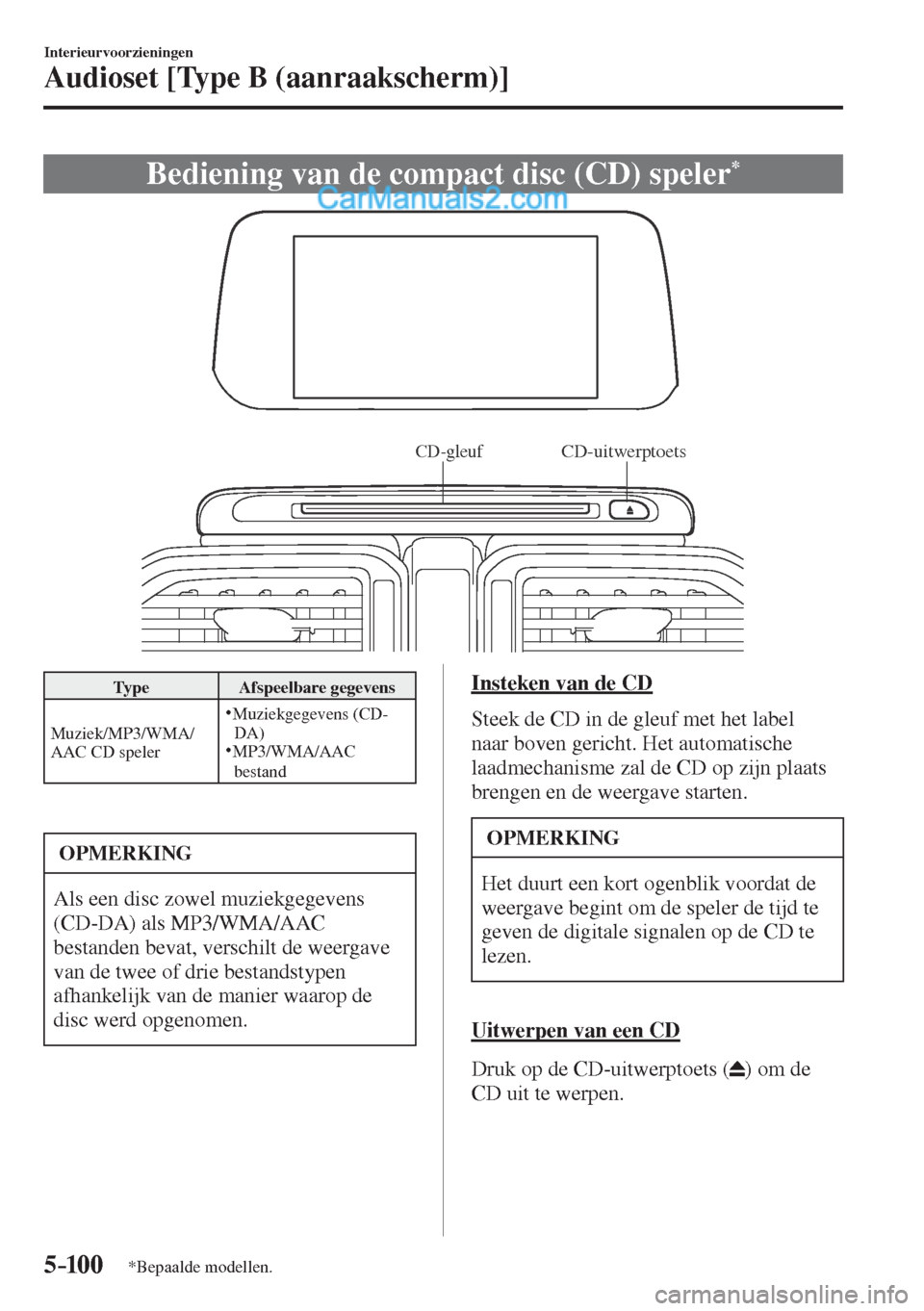 MAZDA MODEL CX-5 2017  Handleiding (in Dutch) 5–10 0
Interieurvoorzieningen
Audioset [Type B (aanraakscherm)]
*Bepaalde modellen.
 Bediening van de compact disc (CD) speler * 
           
CD-gleufCD-uitwerptoets
 
 Type   Afspeelbare  gegevens 