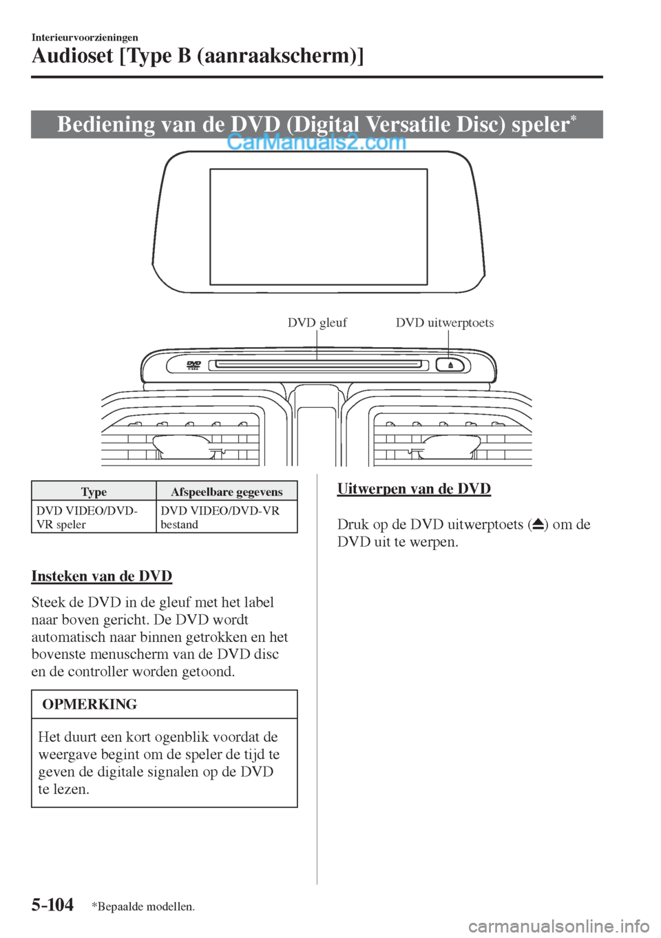 MAZDA MODEL CX-5 2017  Handleiding (in Dutch) 5–104
Interieurvoorzieningen
Audioset [Type B (aanraakscherm)]
*Bepaalde modellen.
 Bediening van de DVD (Digital Versatile Disc) speler * 
           
DVD gleuf DVD uitwerptoets
 
 Type   Afspeelba