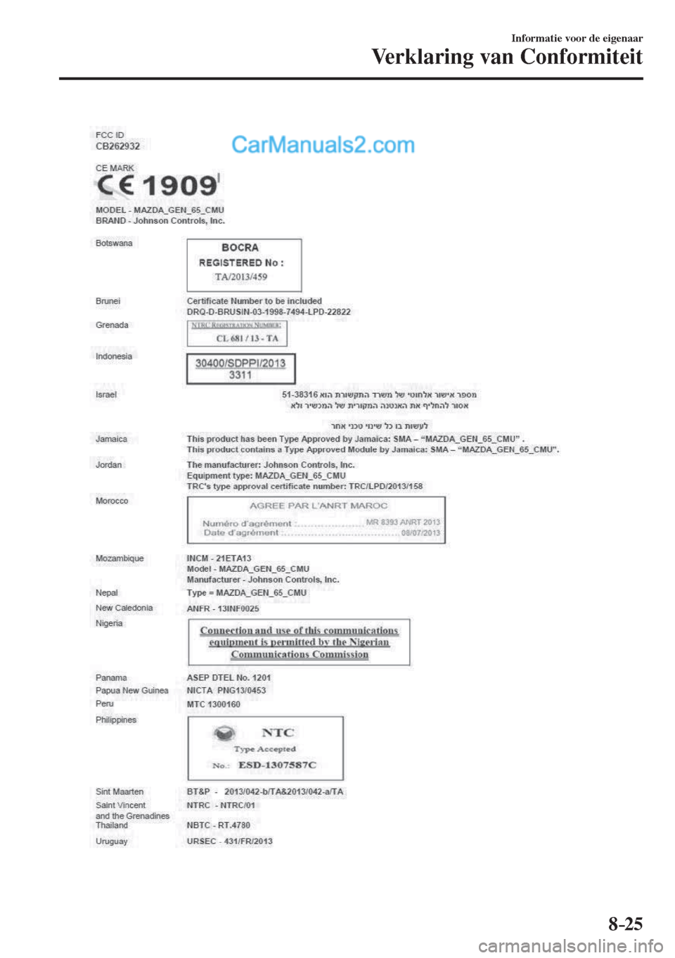 MAZDA MODEL CX-5 2017 Handleiding (in Dutch) 8–25
Informatie voor de eigenaar
Verklaring van Conformiteit
MAZDA MODEL CX-5 2017 Handleiding (in Dutch) 8–25
Informatie voor de eigenaar
Verklaring van Conformiteit