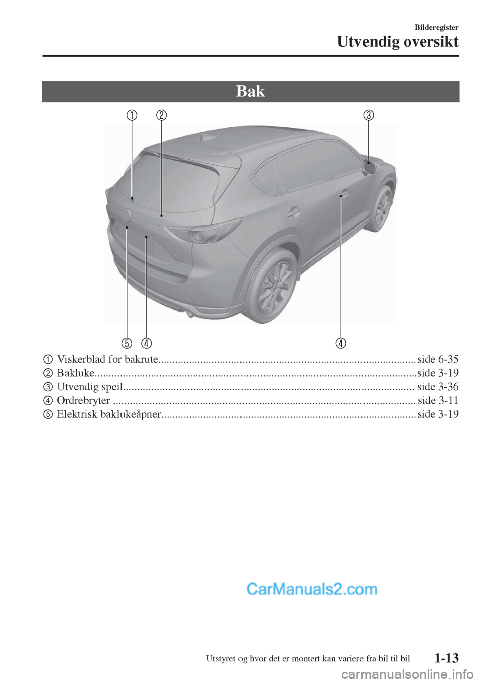 MAZDA MODEL CX-5 2017  Brukerhåndbok (in Norwegian) Bak
pViskerblad for bakrute............................................................................................ side 6-35
qBakluke............................................................