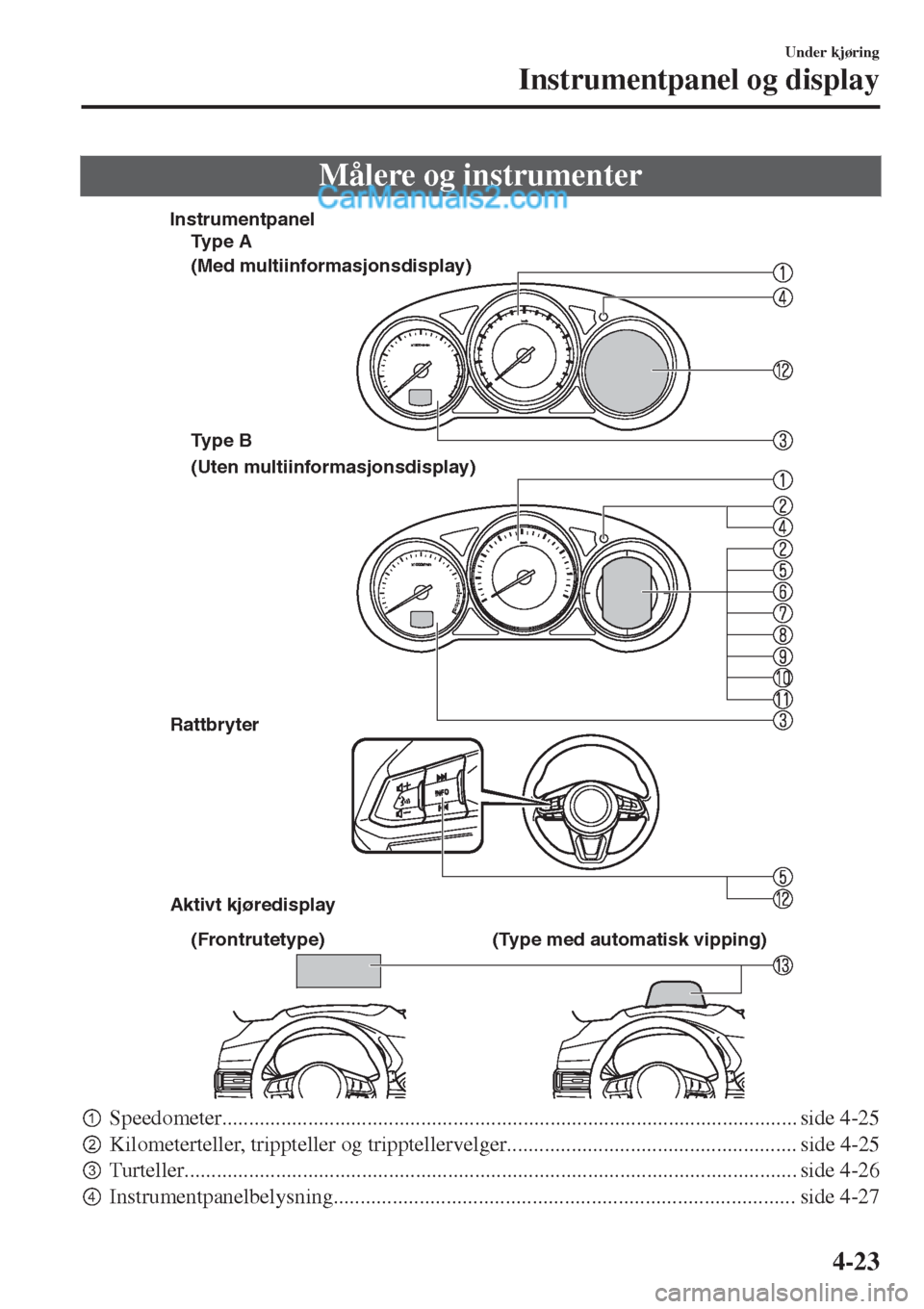 MAZDA MODEL CX-5 2017  Brukerhåndbok (in Norwegian) Målere og instrumenter
Rattbryter
Aktivt kjøredisplay
Type A
(Med multiinformasjonsdisplay)
(Uten multiinformasjonsdisplay) Instrumentpanel
Type B
(Frontrutetype) (Type med automatisk vipping)
pSpe