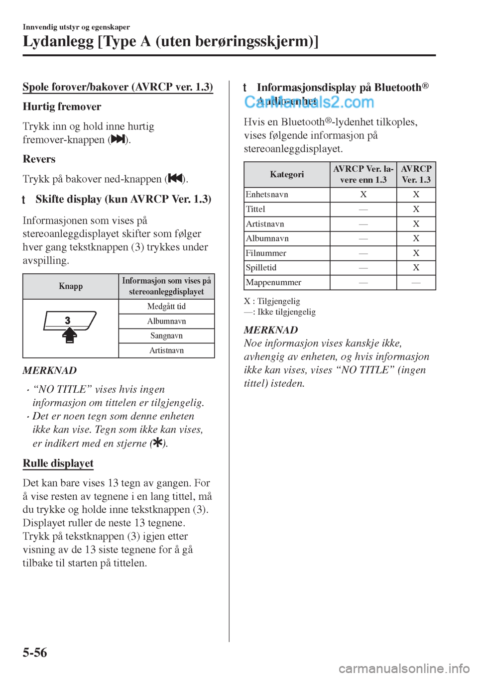 MAZDA MODEL CX-5 2017 Brukerhåndbok (in Norwegian) Spole forover/bakover (AVRCP ver. 1.3)
Hurtig fremover
Trykk inn og hold inne hurtig
fremover-knappen (
).
Revers
Trykk på bakover ned-knappen (
).
tSkifte display (kun AVRCP Ver. 1.3)
Informasjonen MAZDA MODEL CX-5 2017 Brukerhåndbok (in Norwegian) Spole forover/bakover (AVRCP ver. 1.3)
Hurtig fremover
Trykk inn og hold inne hurtig
fremover-knappen (
).
Revers
Trykk på bakover ned-knappen (
).
tSkifte display (kun AVRCP Ver. 1.3)
Informasjonen