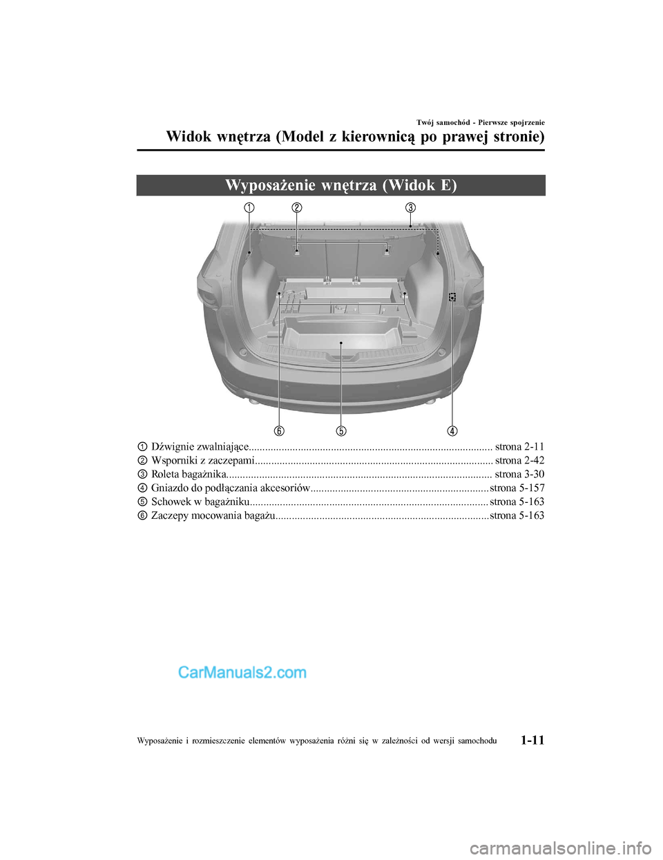 MAZDA MODEL CX-5 2017 Instrukcja Obsługi (in Polish) Wyposażenie wnętrza (Widok E)
①Dźwignie zwalniające..................................... .................................................... strona 2-11
② Wsporniki z zaczepami............... MAZDA MODEL CX-5 2017 Instrukcja Obsługi (in Polish) Wyposażenie wnętrza (Widok E)
①Dźwignie zwalniające..................................... .................................................... strona 2-11
② Wsporniki z zaczepami...............