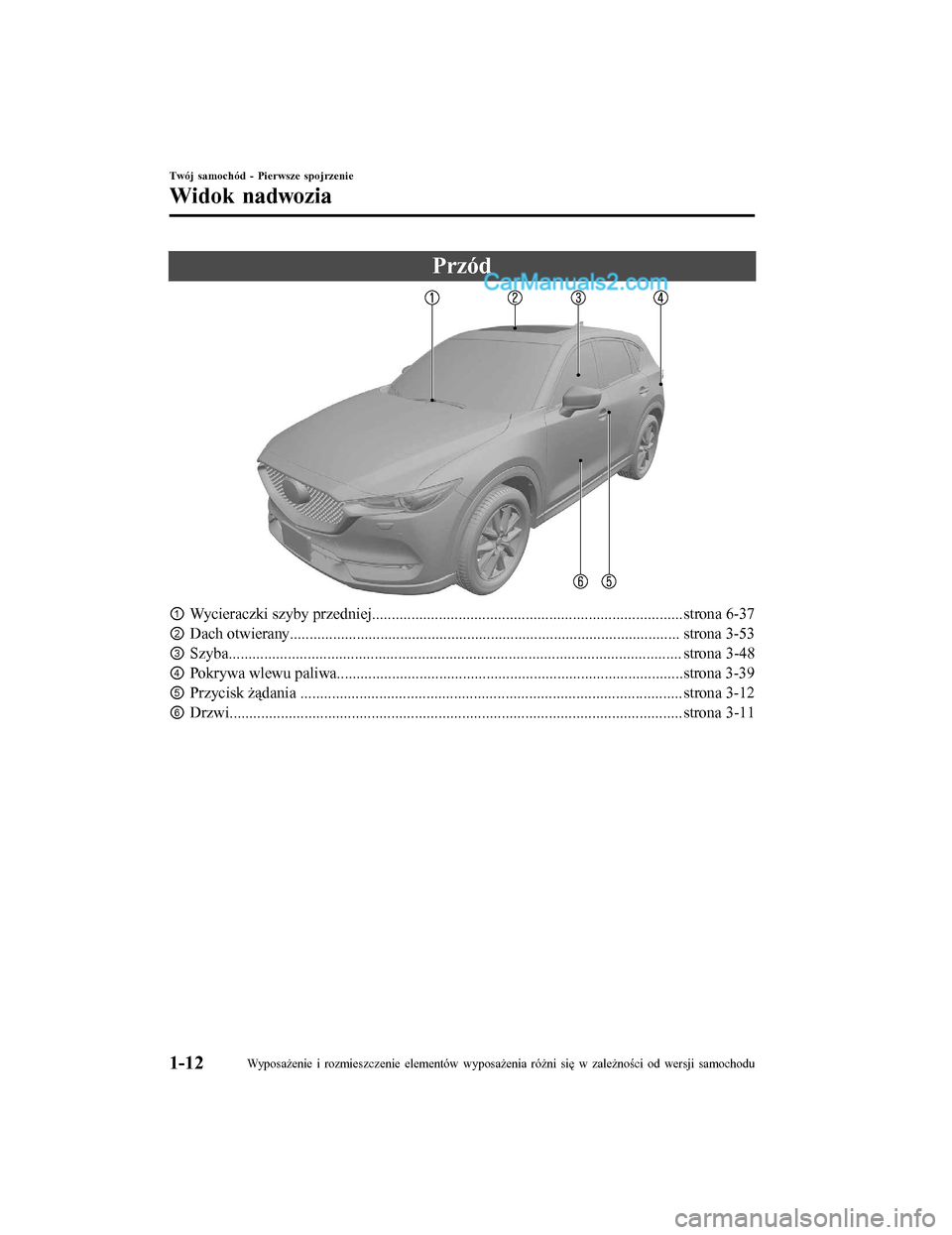 MAZDA MODEL CX-5 2017 Instrukcja Obsługi (in Polish) Przód
①Wycieraczki szyby przedniej....................................... ........................................strona 6-37
② Dach otwierany..................................................... MAZDA MODEL CX-5 2017 Instrukcja Obsługi (in Polish) Przód
①Wycieraczki szyby przedniej....................................... ........................................strona 6-37
② Dach otwierany.....................................................