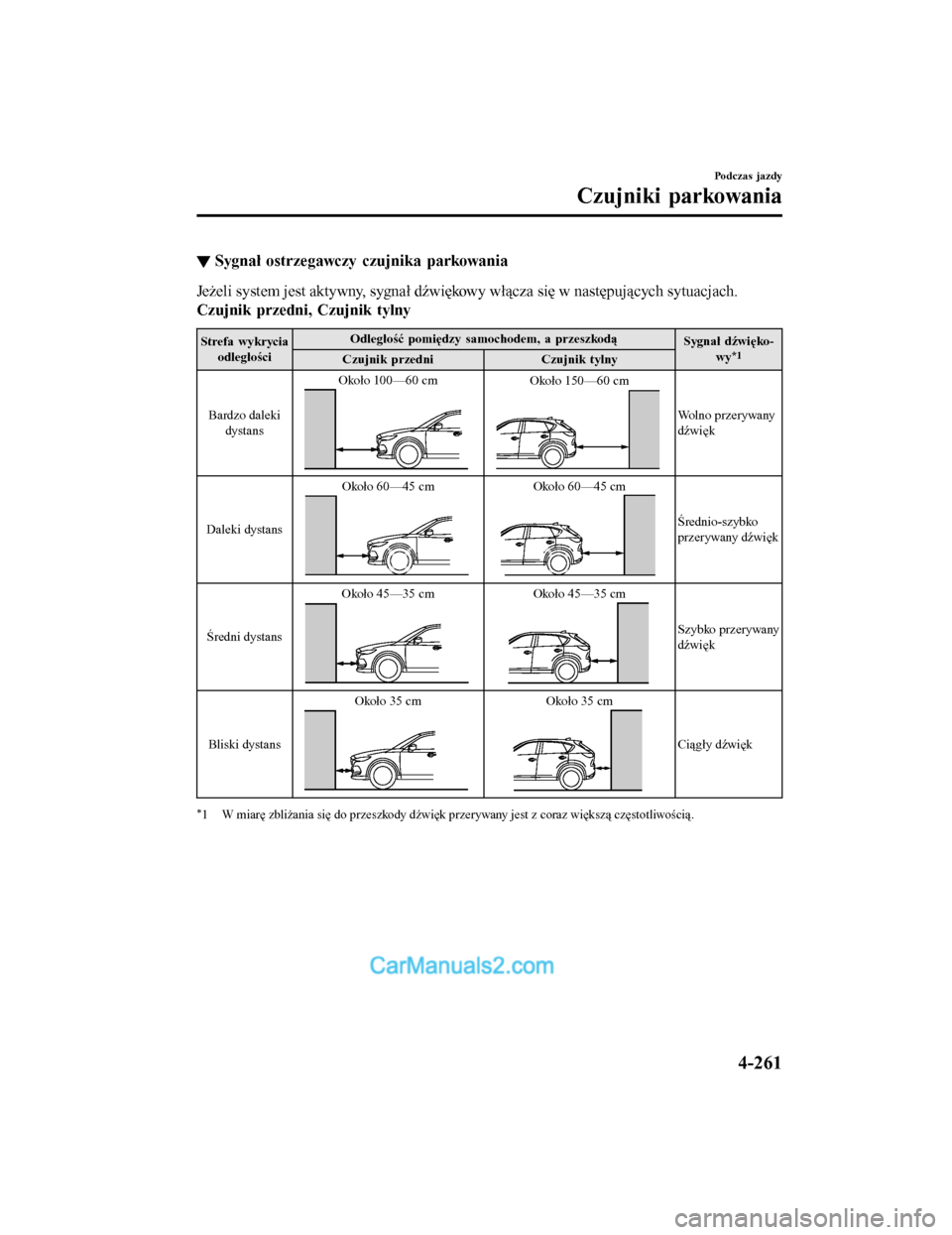 MAZDA MODEL CX-5 2017 Instrukcja Obsługi (in Polish) ▼Sygnał ostrzegawczy czujnika parkowania
Jeżeli system jest aktywny, sygnał dźwiękowy włącza się w następujących sytuacjach.
Czujnik przedni, Czujnik tylny
Strefa wykrycia
odległości Odl MAZDA MODEL CX-5 2017 Instrukcja Obsługi (in Polish) ▼Sygnał ostrzegawczy czujnika parkowania
Jeżeli system jest aktywny, sygnał dźwiękowy włącza się w następujących sytuacjach.
Czujnik przedni, Czujnik tylny
Strefa wykrycia
odległości Odl