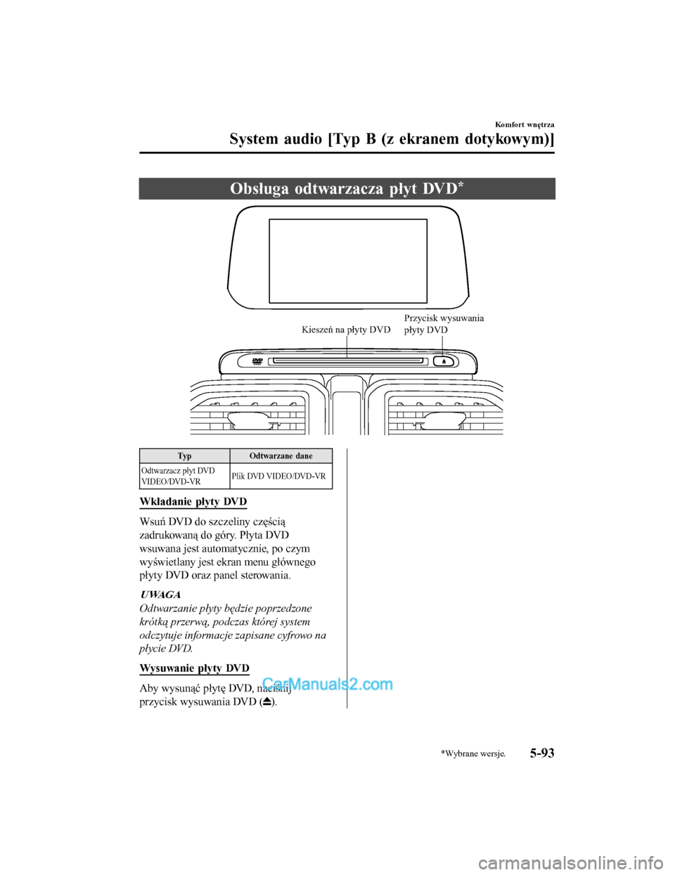 MAZDA MODEL CX-5 2017 Instrukcja Obsługi (in Polish) Obsługa odtwarzacza płyt DVD*
Kieszeń na płyty DVDPrzycisk wysuwania
płyty DVD
Typ
Odtwarzane dane
Odtwarzacz płyt DVD
VIDEO/DVD-VR Plik DVD VIDEO/DVD-VR
Wkładanie płyty DVD
Wsuń DVD do szcz MAZDA MODEL CX-5 2017 Instrukcja Obsługi (in Polish) Obsługa odtwarzacza płyt DVD*
Kieszeń na płyty DVDPrzycisk wysuwania
płyty DVD
Typ
Odtwarzane dane
Odtwarzacz płyt DVD
VIDEO/DVD-VR Plik DVD VIDEO/DVD-VR
Wkładanie płyty DVD
Wsuń DVD do szcz