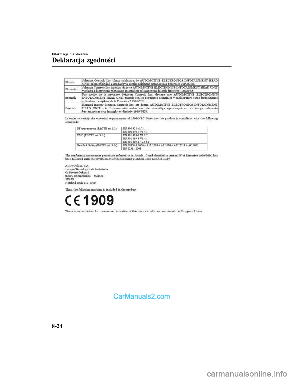 MAZDA MODEL CX-5 2017 Instrukcja Obsługi (in Polish) Informacje dla klientów
Deklaracja zgodności
8-24
2017-7-17 16:09:52Form No. CX-5 8FY4-EE-17E-PL+L_Edition1.pdf MAZDA MODEL CX-5 2017 Instrukcja Obsługi (in Polish) Informacje dla klientów
Deklaracja zgodności
8-24
2017-7-17 16:09:52Form No. CX-5 8FY4-EE-17E-PL+L_Edition1.pdf