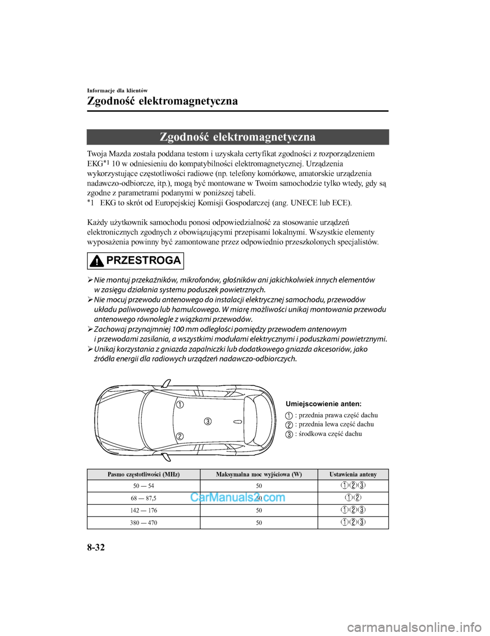 MAZDA MODEL CX-5 2017 Instrukcja Obsługi (in Polish) Zgodność elektromagnetyczna
Twoja Mazda została poddana testom i uzyskała certyfikat zgodności z rozporządzeniem
EKG
*1 10 w odniesieniu do kompatybilności elektromagnetycznej. Urządzenia
wyko MAZDA MODEL CX-5 2017 Instrukcja Obsługi (in Polish) Zgodność elektromagnetyczna
Twoja Mazda została poddana testom i uzyskała certyfikat zgodności z rozporządzeniem
EKG
*1 10 w odniesieniu do kompatybilności elektromagnetycznej. Urządzenia
wyko