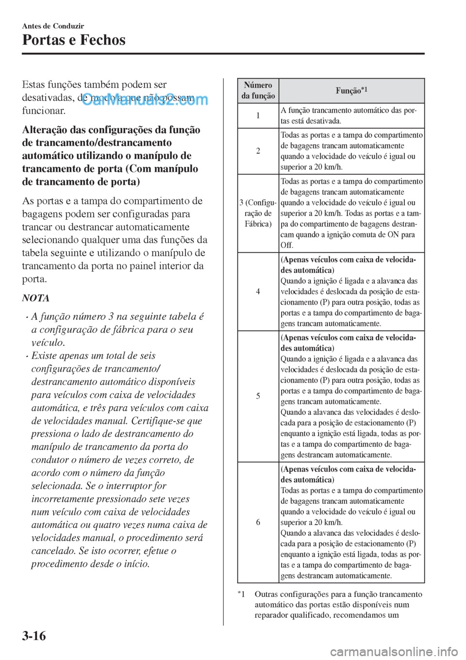 MAZDA MODEL CX-5 2017  Manual do proprietário (in Portuguese) Estas funções também podem ser
desativadas, de modo a que não possam
funcionar.
Alteração das configurações da função
de trancamento/destrancamento
automático utilizando o manípulo de
tran MAZDA MODEL CX-5 2017  Manual do proprietário (in Portuguese) Estas funções também podem ser
desativadas, de modo a que não possam
funcionar.
Alteração das configurações da função
de trancamento/destrancamento
automático utilizando o manípulo de
tran