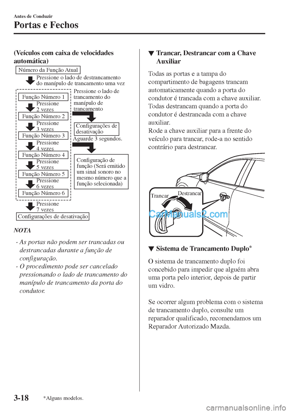 MAZDA MODEL CX-5 2017  Manual do proprietário (in Portuguese) (Veículos com caixa de velocidades
automática)
Pressione o lado de destrancamento 
do manípulo de trancamento uma vez
Pressione 
2 vezes
Pressione 
3 vezes Número da Função Atual
Função Númer