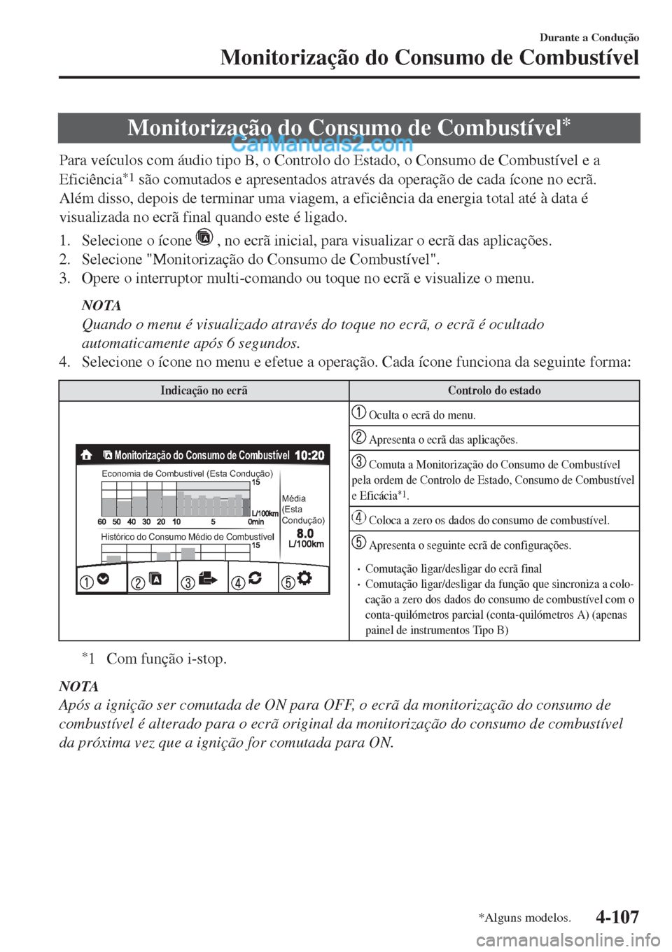 MAZDA MODEL CX-5 2017  Manual do proprietário (in Portuguese) Monitorização do Consumo de Combustível*
Para veículos com áudio tipo B, o Controlo do Estado, o Consumo de Combustível e a
Eficiência
*1 são comutados e apresentados através da operação de