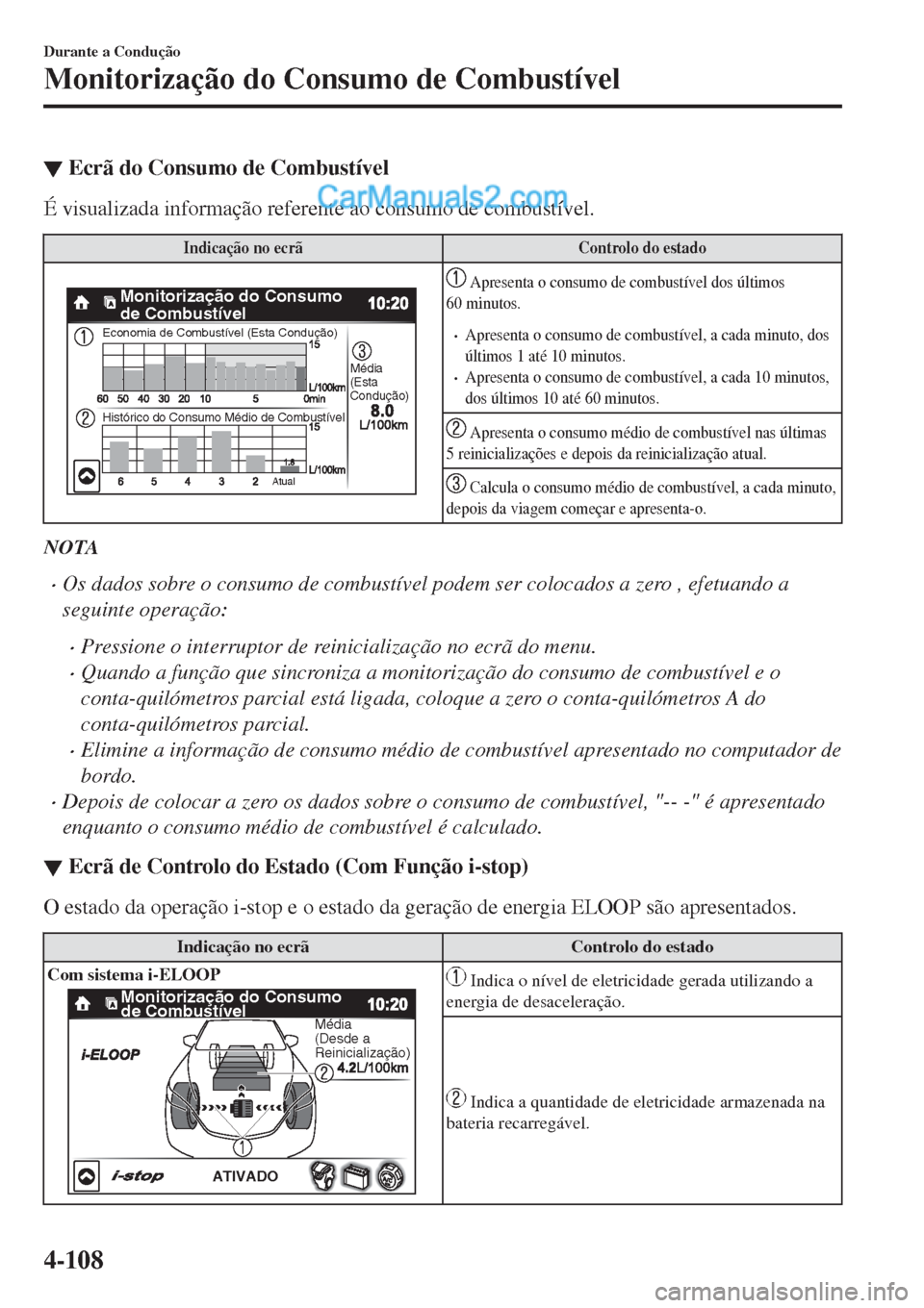 MAZDA MODEL CX-5 2017  Manual do proprietário (in Portuguese) ▼Ecrã do Consumo de Combustível
É visualizada informação referente ao consumo de combustível.
Indicação no ecrã Controlo do estado
�.�P�O�J�U�P�S�J�[�B�Î�Í�P��E�P��$�P�O�T�V�N�P�
�E�F�