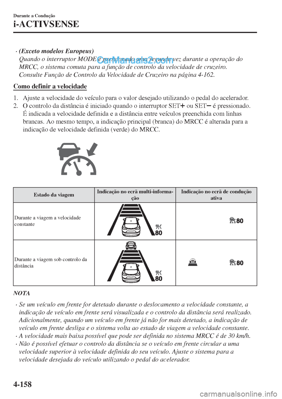 MAZDA MODEL CX-5 2017 Manual do proprietário (in Portuguese) •(Exceto modelos Europeus)
Quando o interruptor MODE é pressionado uma segunda vez durante a operação do
MRCC, o sistema comuta para a função de controlo da velocidade de cruzeiro.
Consulte Fun MAZDA MODEL CX-5 2017 Manual do proprietário (in Portuguese) •(Exceto modelos Europeus)
Quando o interruptor MODE é pressionado uma segunda vez durante a operação do
MRCC, o sistema comuta para a função de controlo da velocidade de cruzeiro.
Consulte Fun
