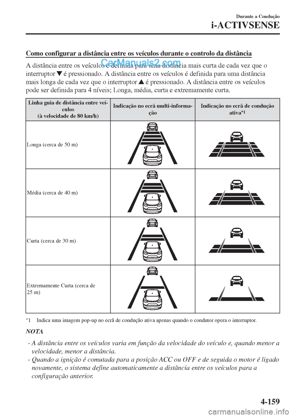 MAZDA MODEL CX-5 2017 Manual do proprietário (in Portuguese) Como configurar a distância entre os veÃculos durante o controlo da distância
A distância entre os veÃculos é definida para uma distância mais curta de cada vez que o
interruptor
é pressiona MAZDA MODEL CX-5 2017 Manual do proprietário (in Portuguese) Como configurar a distância entre os veÃculos durante o controlo da distância
A distância entre os veÃculos é definida para uma distância mais curta de cada vez que o
interruptor
é pressiona