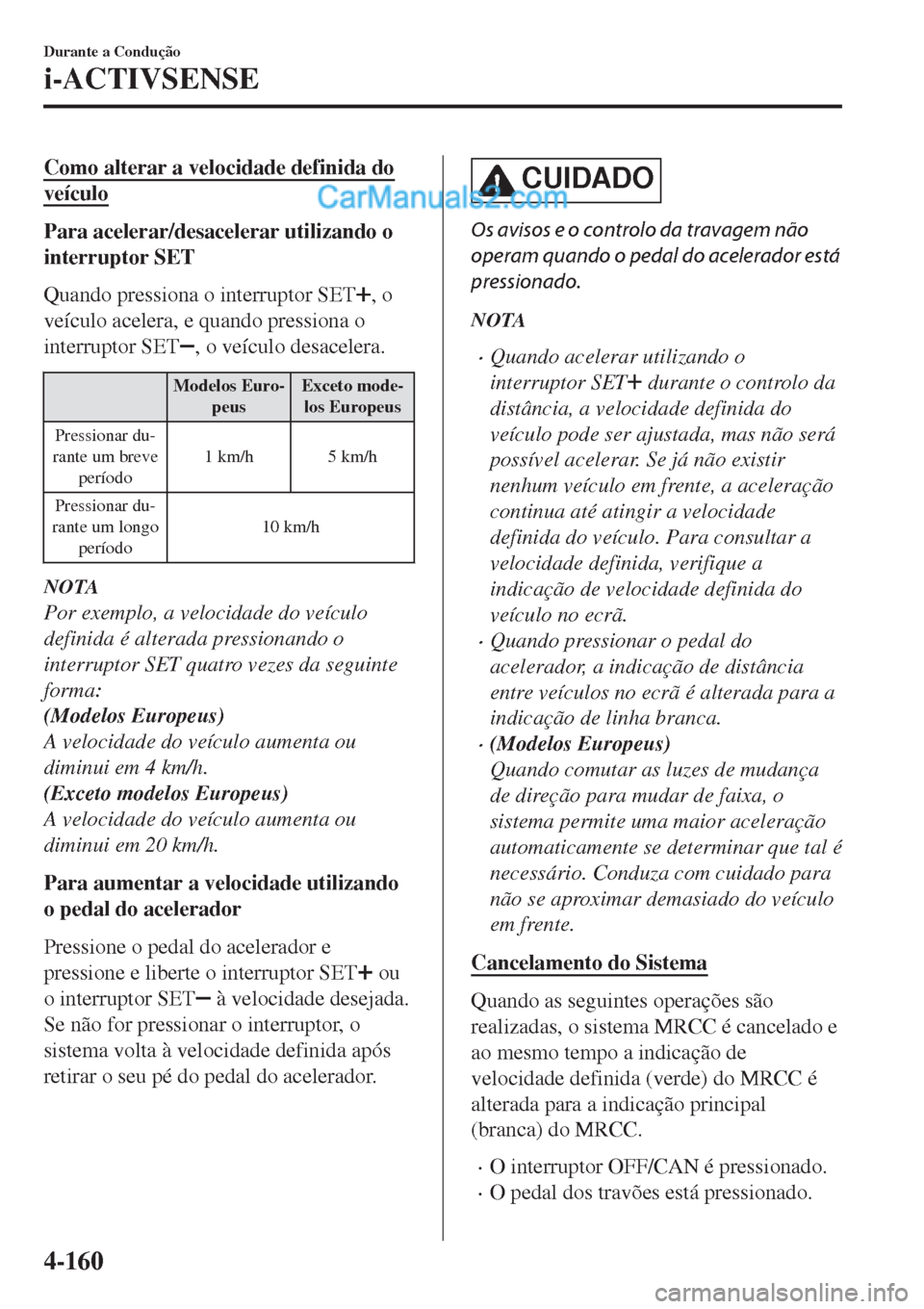 MAZDA MODEL CX-5 2017 Manual do proprietário (in Portuguese) Como alterar a velocidade definida do
veÃculo
Para acelerar/desacelerar utilizando o
interruptor SET
Quando pressiona o interruptor SET
, o
veÃculo acelera, e quando pressiona o
interruptor SET
, o MAZDA MODEL CX-5 2017 Manual do proprietário (in Portuguese) Como alterar a velocidade definida do
veÃculo
Para acelerar/desacelerar utilizando o
interruptor SET
Quando pressiona o interruptor SET
, o
veÃculo acelera, e quando pressiona o
interruptor SET
, o