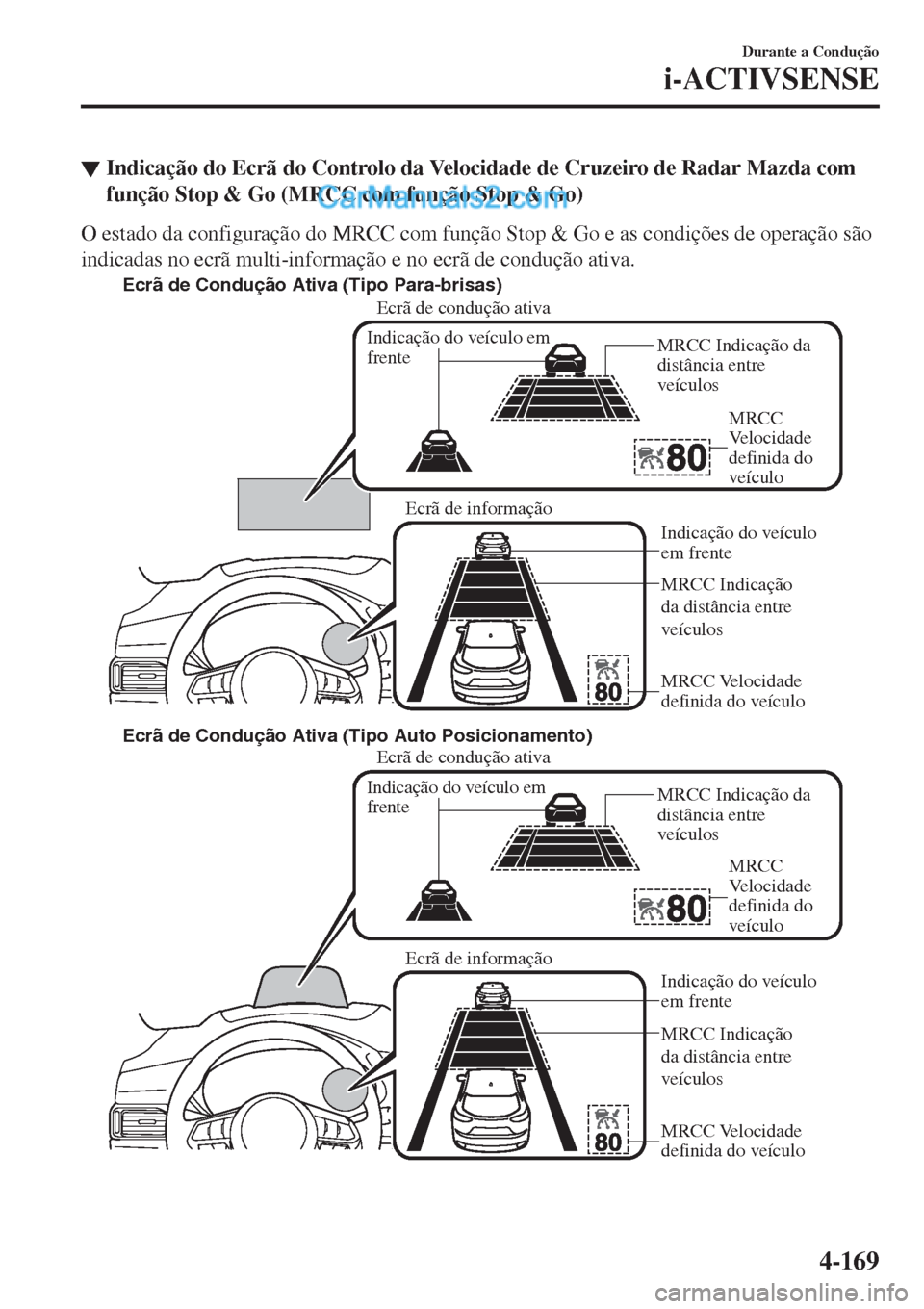 MAZDA MODEL CX-5 2017  Manual do proprietário (in Portuguese) ▼Indicação do Ecrã do Controlo da Velocidade de Cruzeiro de Radar Mazda com
função Stop & Go (MRCC com função Stop & Go)
O estado da configuração do MRCC com função Stop & Go e as condiç