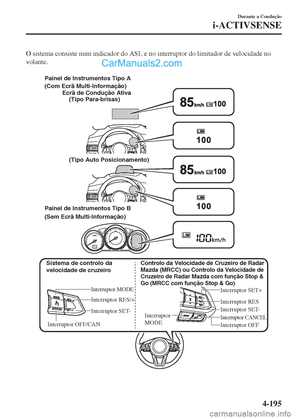MAZDA MODEL CX-5 2017  Manual do proprietário (in Portuguese) O sistema consiste num indicador do ASL e no interruptor do limitador de velocidade no
volante.
 
�4�J�T�U�F�N�B��E�F��D�P�O�U�S�P�M�P��E�B�
�W�F�M�P�D�J�E�B�E�F��E�F��D�S�V�[�F�J�S�P
Interrupto