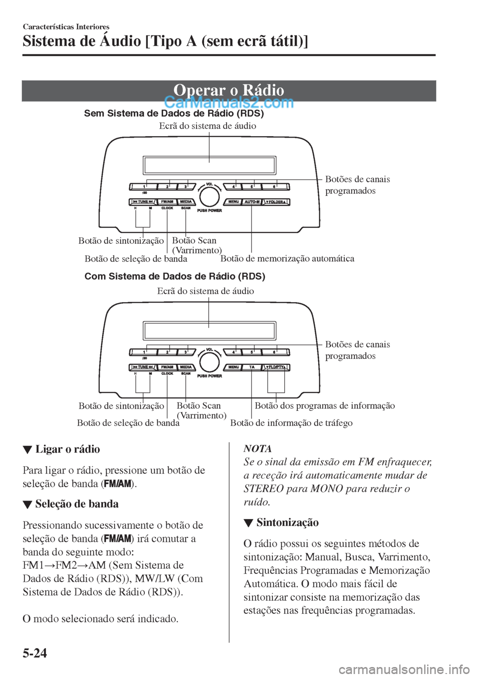 MAZDA MODEL CX-5 2017  Manual do proprietário (in Portuguese) Operar o Rádio
�4�F�N��4�J�T�U�F�N�B��E�F��%�B�E�P�T��E�F��3�È�E�J�P��	�3�%�4�

�$�P�N��4�J�T�U�F�N�B��E�F��%�B�E�P�T��E�F��3�È�E�J�P��	�3�%�4�

Botão de seleção de banda Botão de i