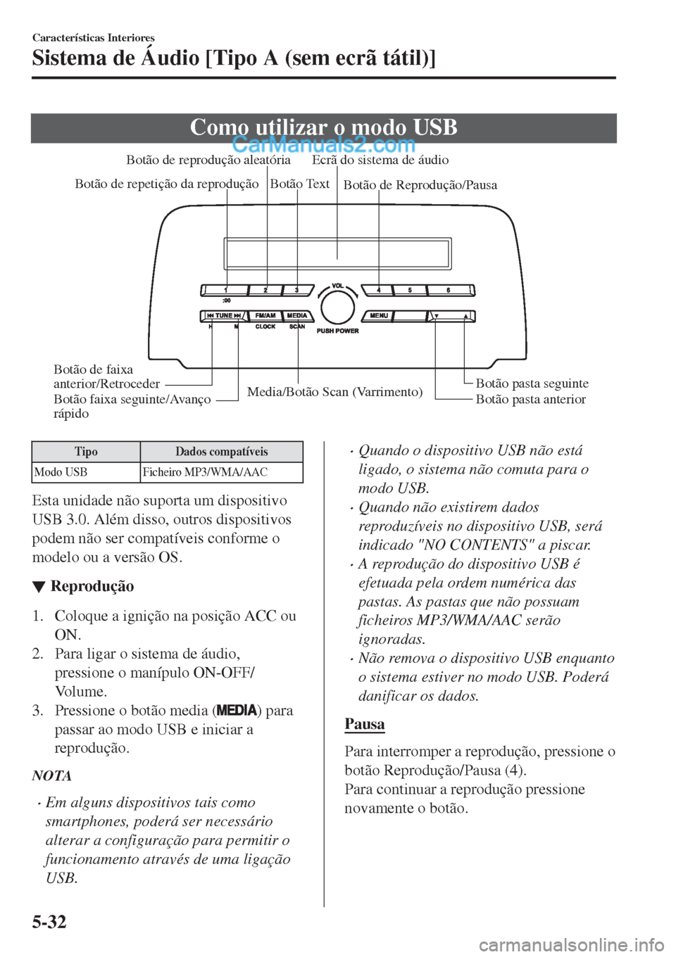 MAZDA MODEL CX-5 2017  Manual do proprietário (in Portuguese) Como utilizar o modo USB
Media/Botão Scan (Varrimento)
Botão pasta anterior Botão pasta seguinte Botão de Reprodução/Pausa Botão de reprodução aleatória
Botão de repetição da reprodução