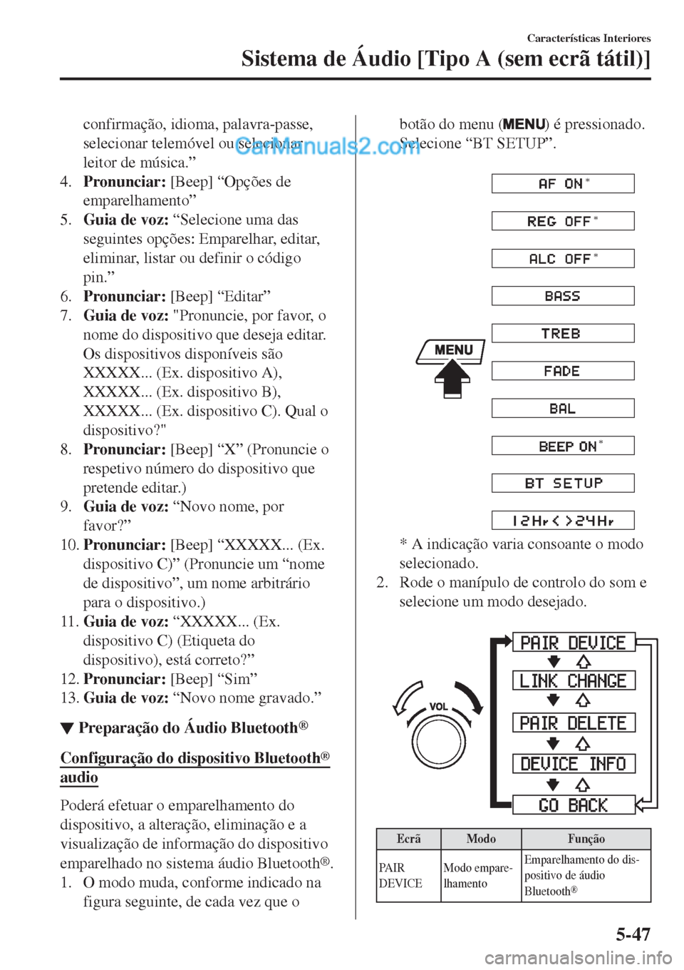 MAZDA MODEL CX-5 2017  Manual do proprietário (in Portuguese) confirmação, idioma, palavra-passe,
selecionar telemóvel ou selecionar
leitor de música.”
4.Pronunciar: [Beep] “Opções de
emparelhamento”
5.Guia de voz: “Selecione uma das
seguintes opç